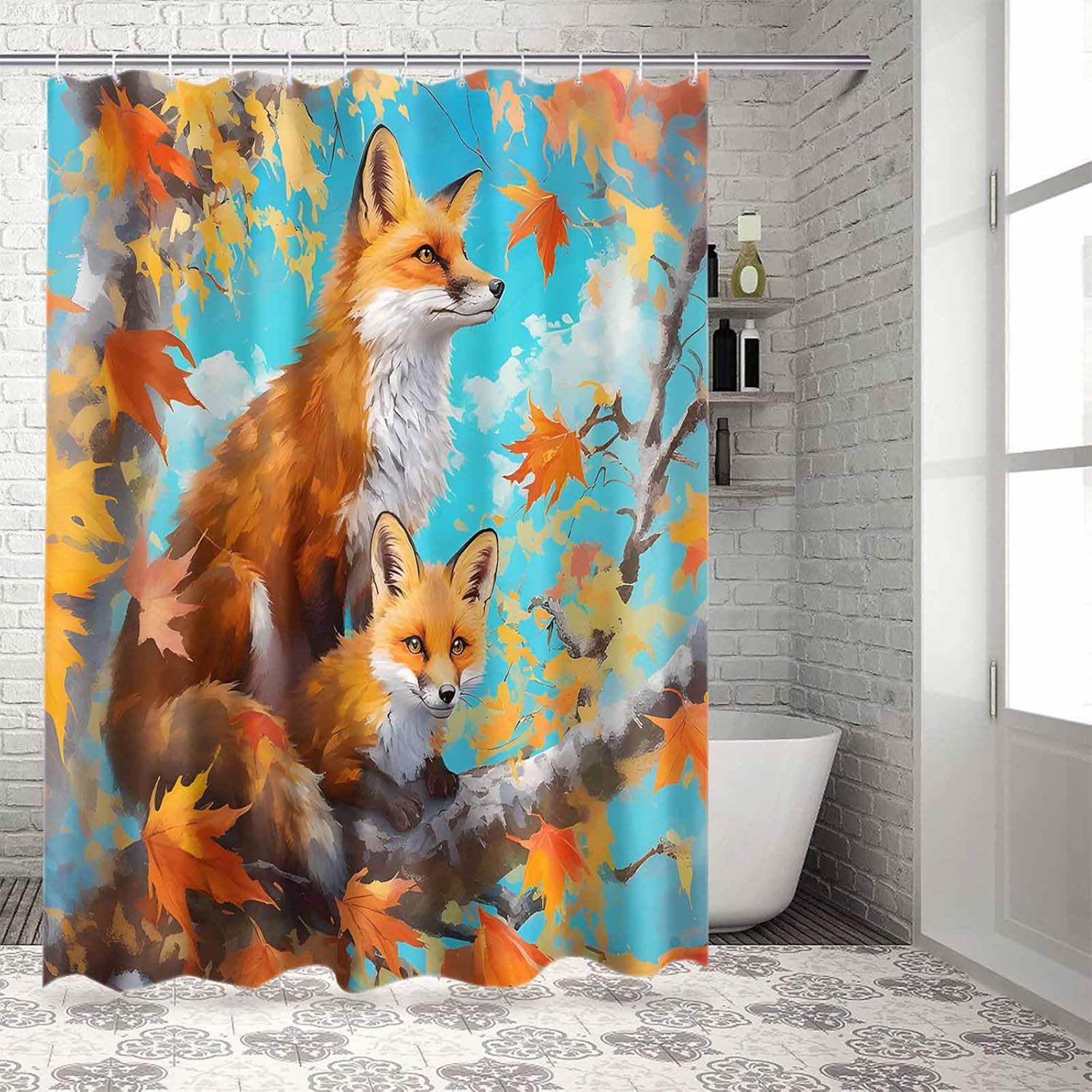 72 Nature Foxes Shower Curtain Set with 12 Hooks