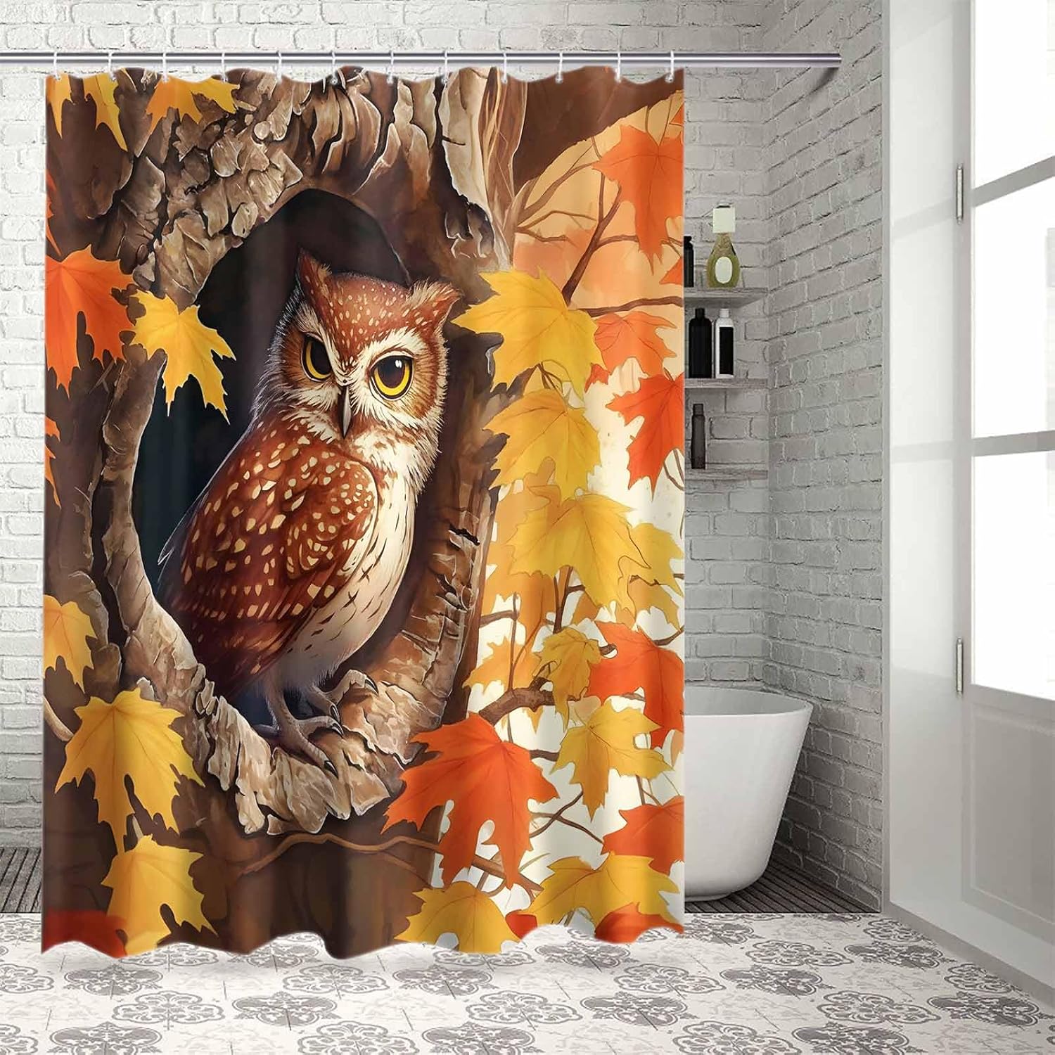 Funnywall88 72 Inches Owl Maple Tree Decor Shower Curtain Set