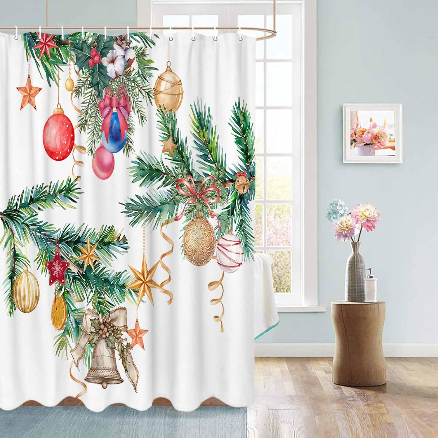 72 Inches Christmas Decor Shower Curtain Set with 12 Hooks