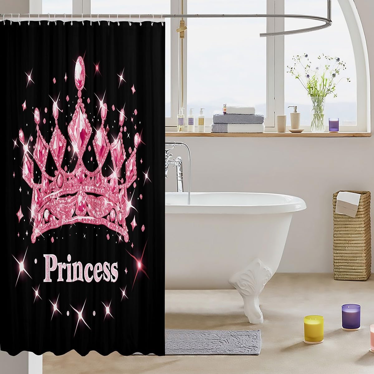 Erosebridal Pink and Black Shower Curtain Set with 12 Hooks