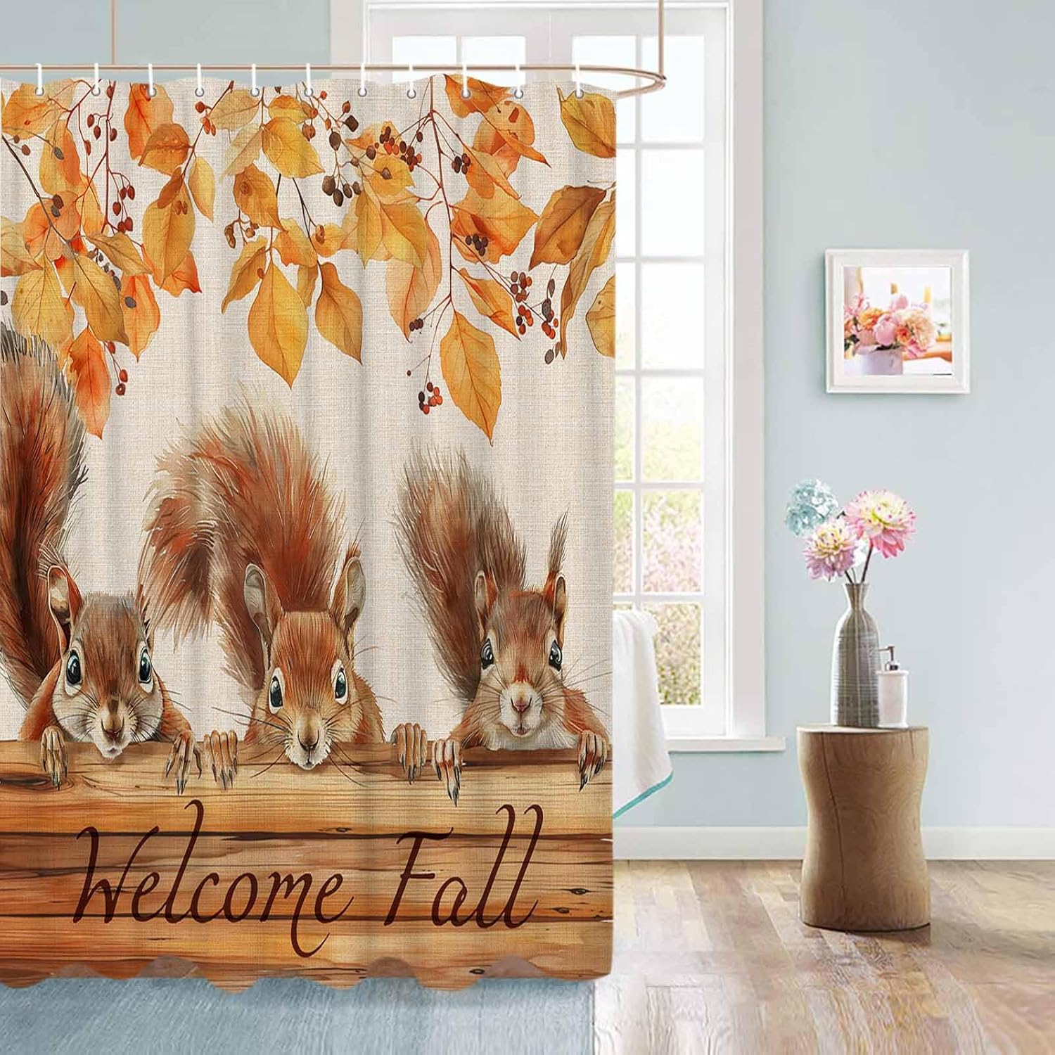 72 Inches Squirrels Fall Wood Ginkgo Shower Curtain Set with 12 Hooks