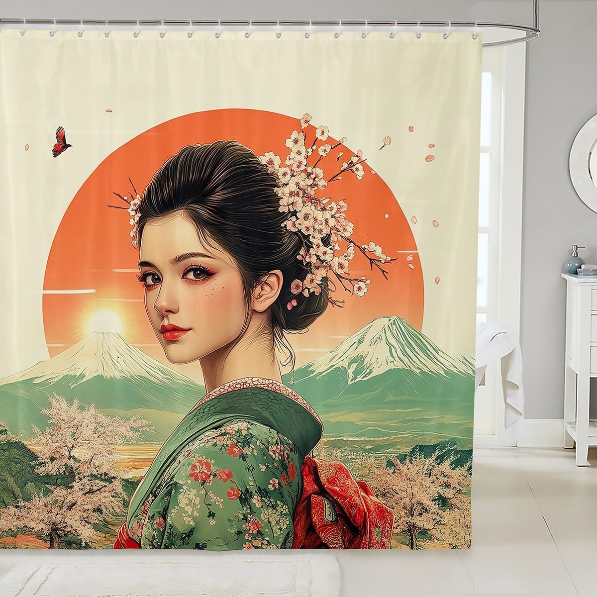Geisha Shower Curtain Set with 12 Hooks
