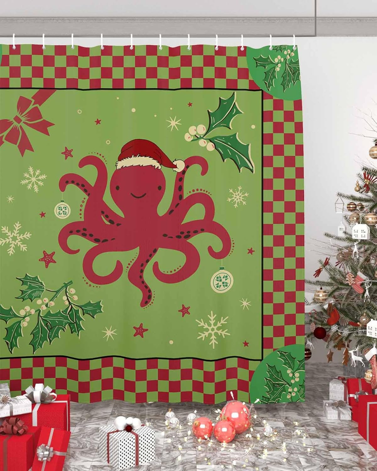 72 Inches Christmas Octopus Shower Curtain Set with 12 Hooks
