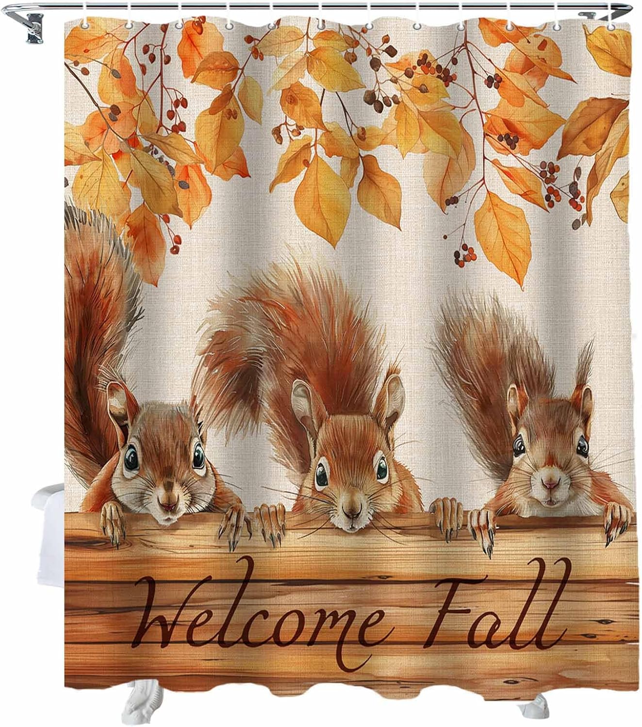 72 Inches Squirrels Fall Wood Ginkgo Shower Curtain Set with 12 Hooks