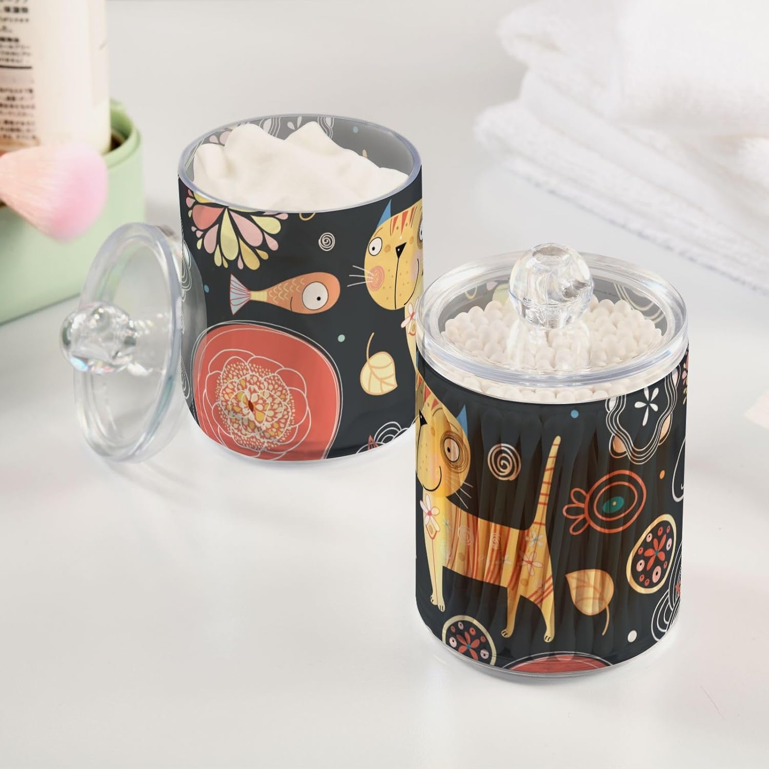 Cute Cat Qtip Holder 2 Pack Clear Plastic Canister Set