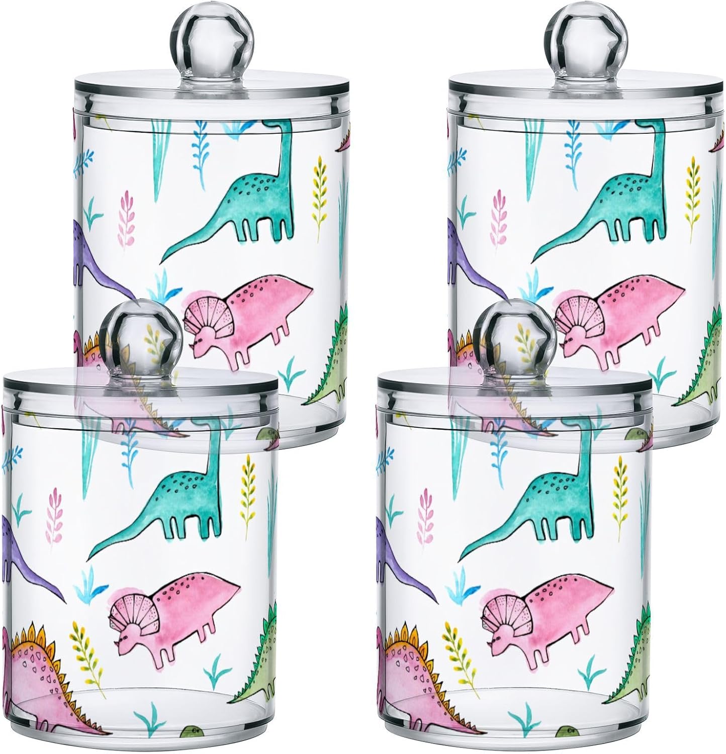 Funny Dinosaur Qtip Holder 2 Pack - 10 Oz Clear Plastic Apothecary Jar Set