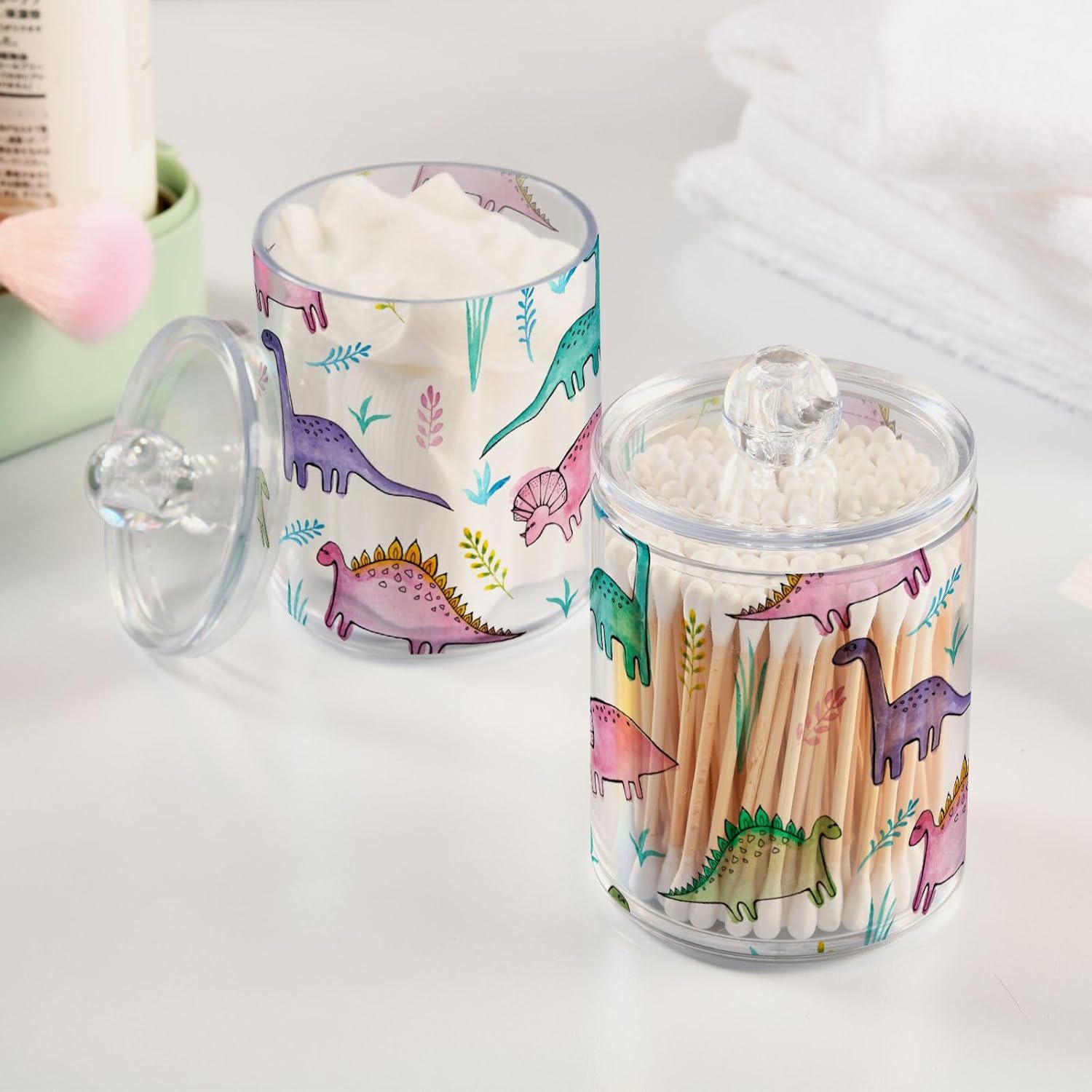Funny Dinosaur Qtip Holder 2 Pack - 10 Oz Clear Plastic Apothecary Jar Set