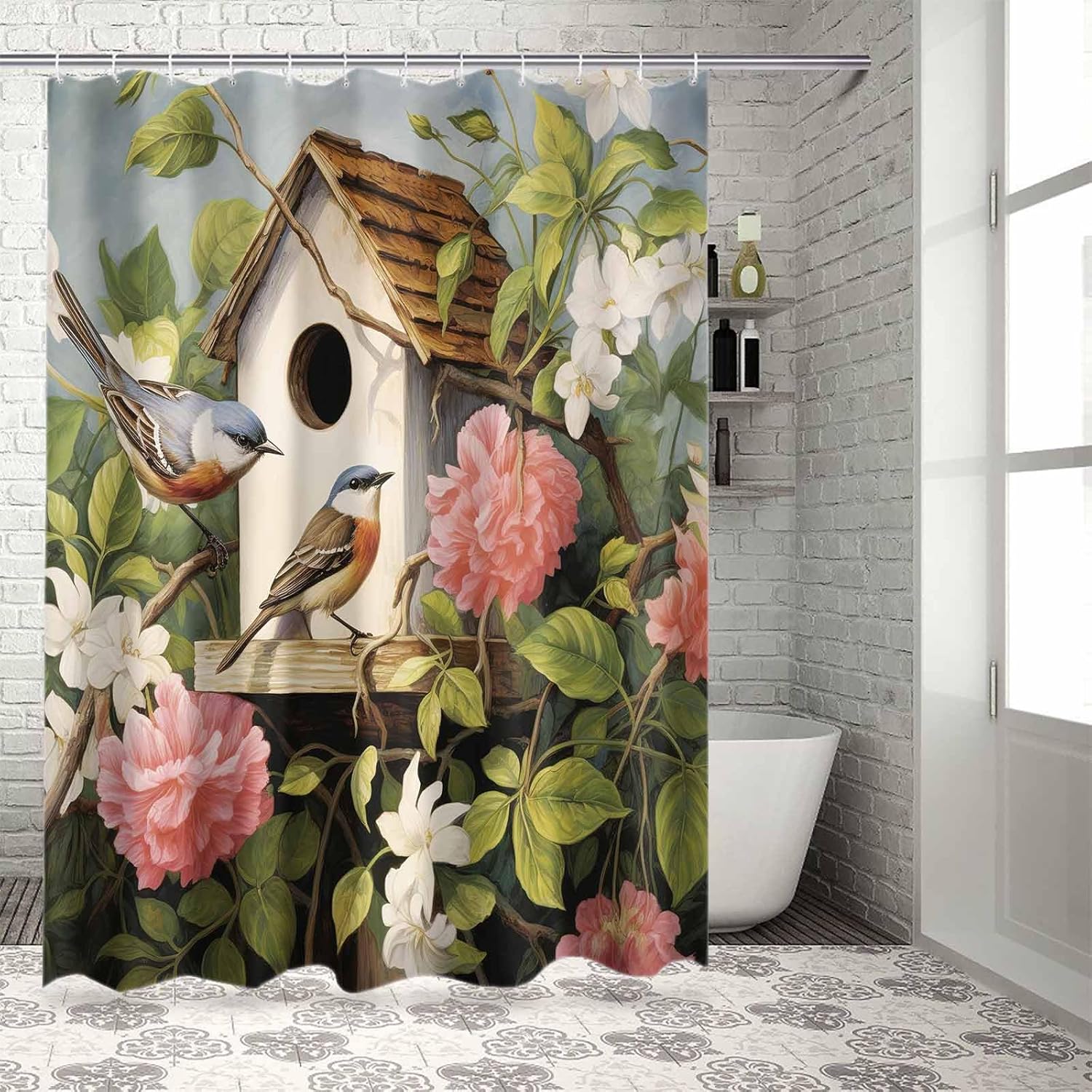 72 Inch Spring Floral Bird Shower Curtain Set with 12 Hooks