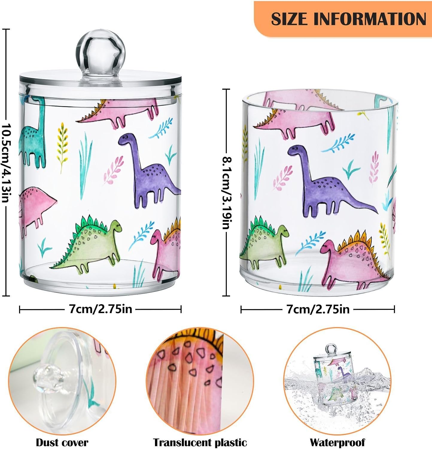 Funny Dinosaur Qtip Holder 2 Pack - 10 Oz Clear Plastic Apothecary Jar Set