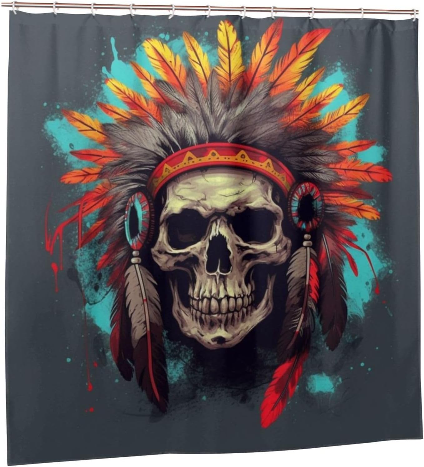 Red Feather Skull Boho Shower Curtain Set
