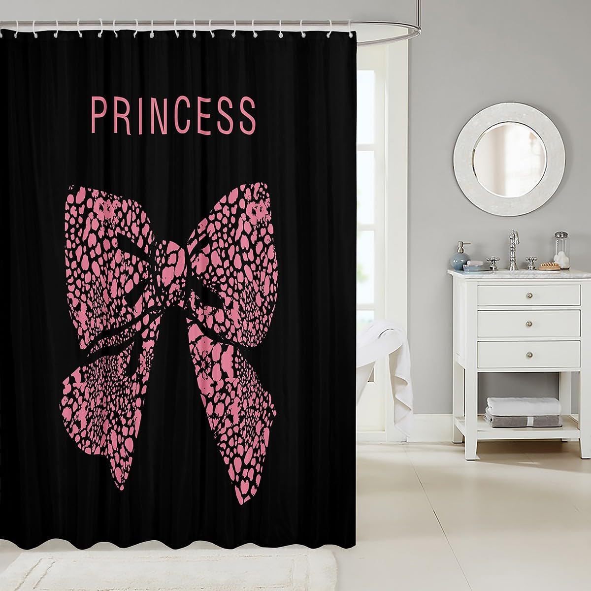 Erosebridal Pink Bow Shower Curtain Set with 12 Hooks