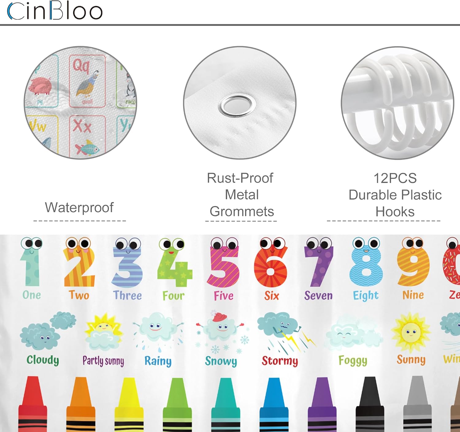 Cinbloo Alphabet ABC Kids Shower Curtain Set 72x72 with 12 Hooks