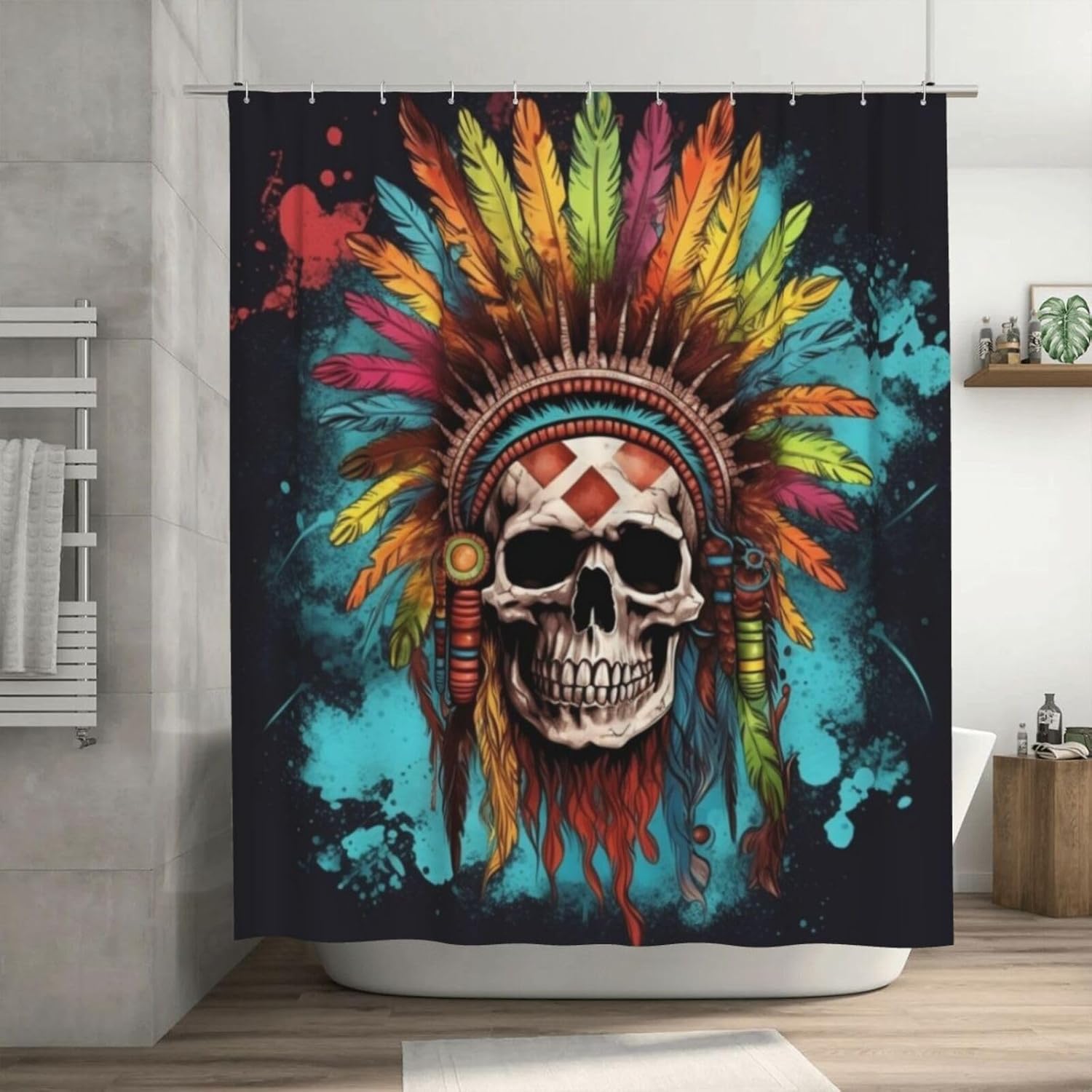 TIYAANDSY Blue Feather Skull Shower Curtain Set 72x72in