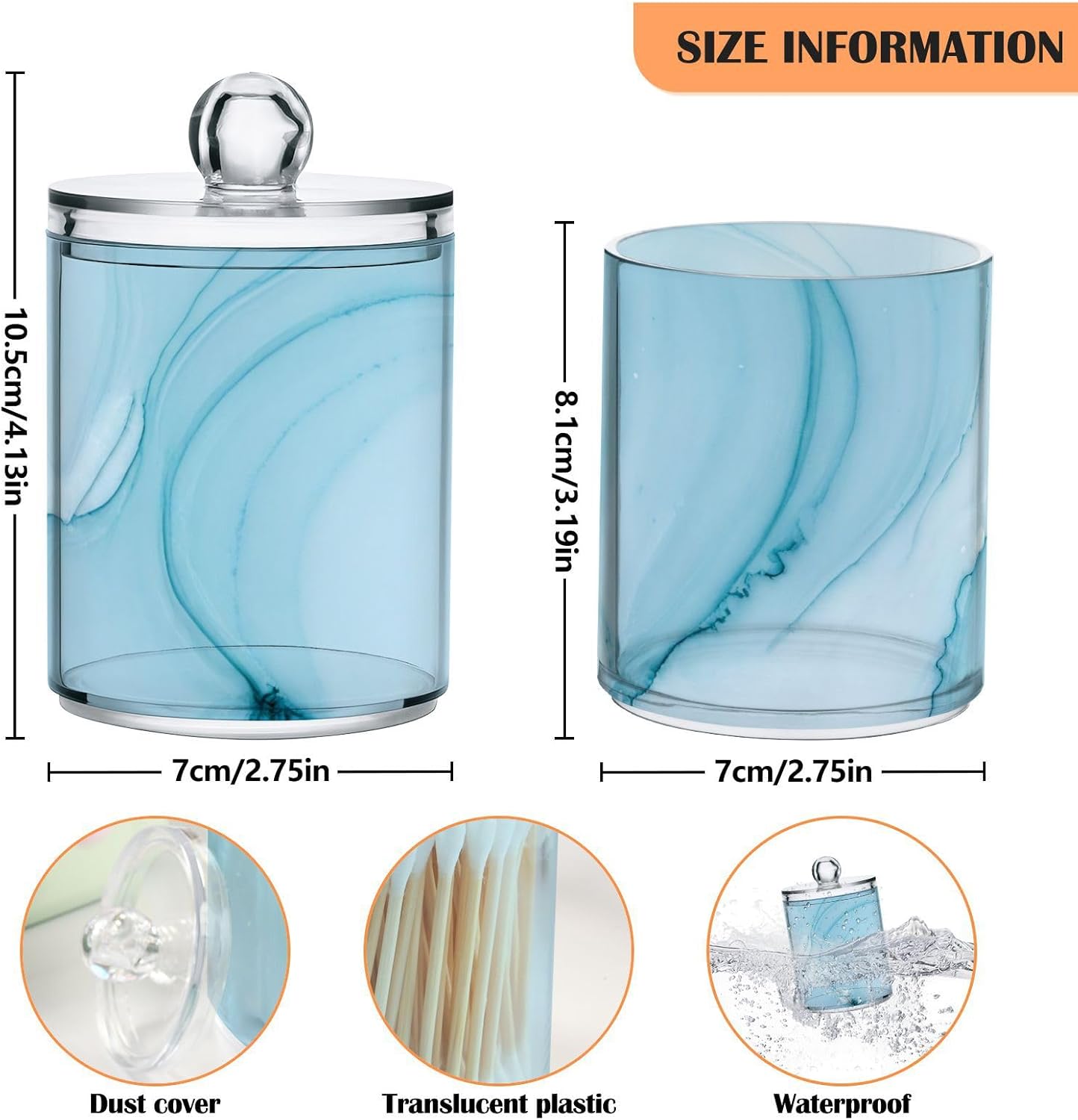 Blue Wave Marble Qtip Holder Dispenser with Lids 4PCS Set