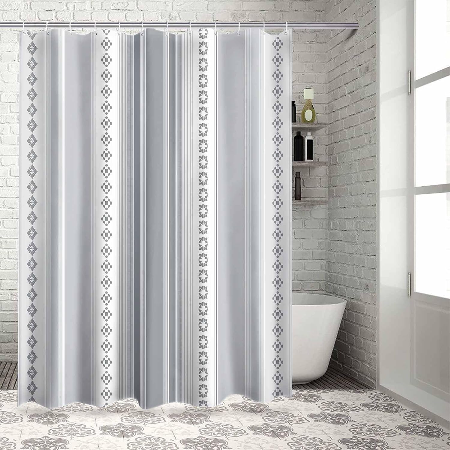 72 Inches Grey Gradient Floral Shower Curtain Set with 12 Hooks
