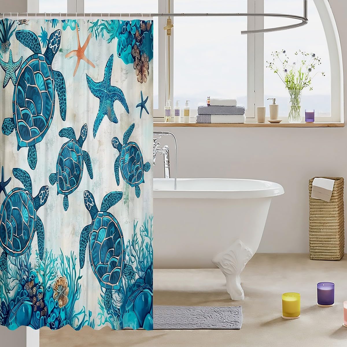 Kids Turtle Fabric Shower Curtain with 17 Hooks
