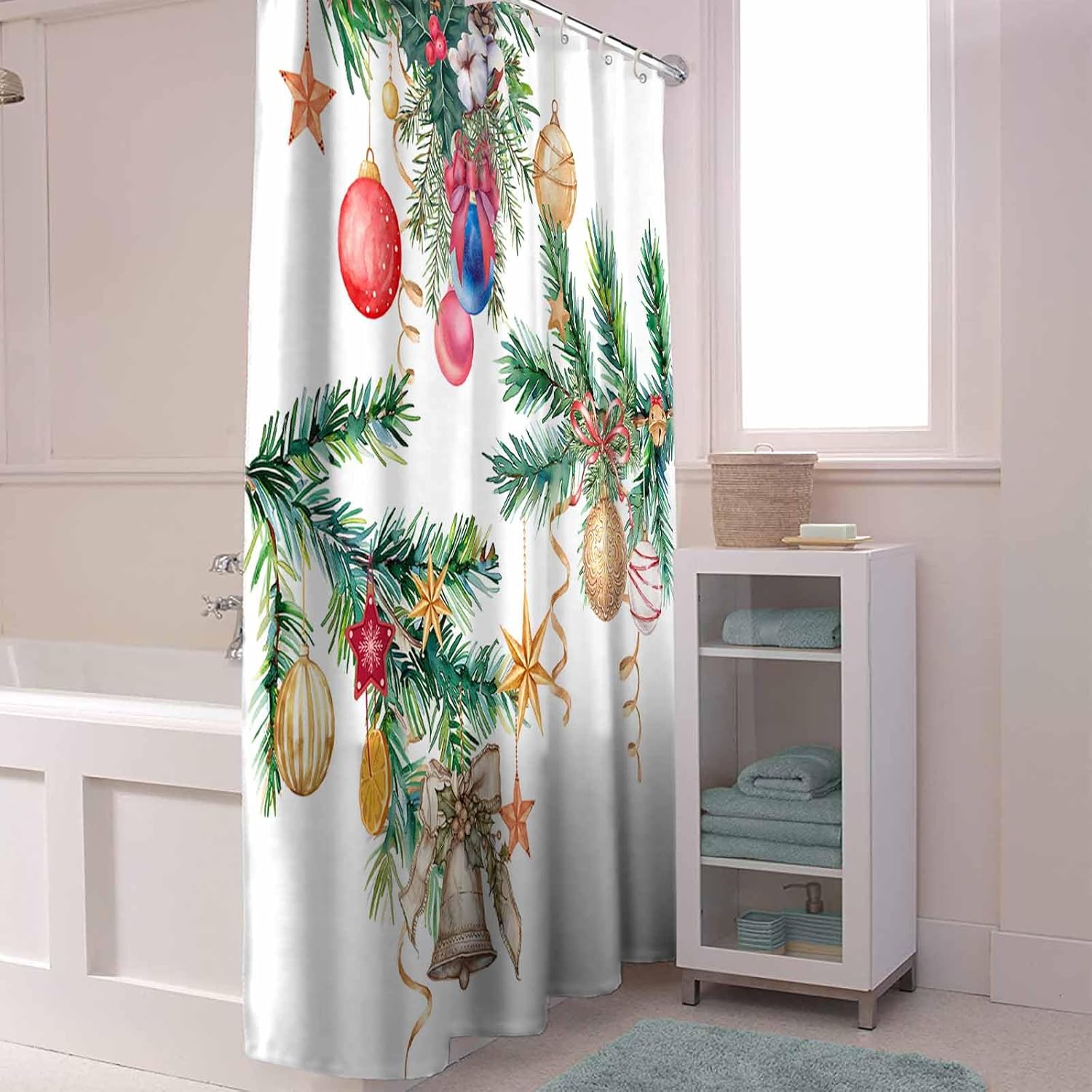 72 Inches Christmas Decor Shower Curtain Set with 12 Hooks