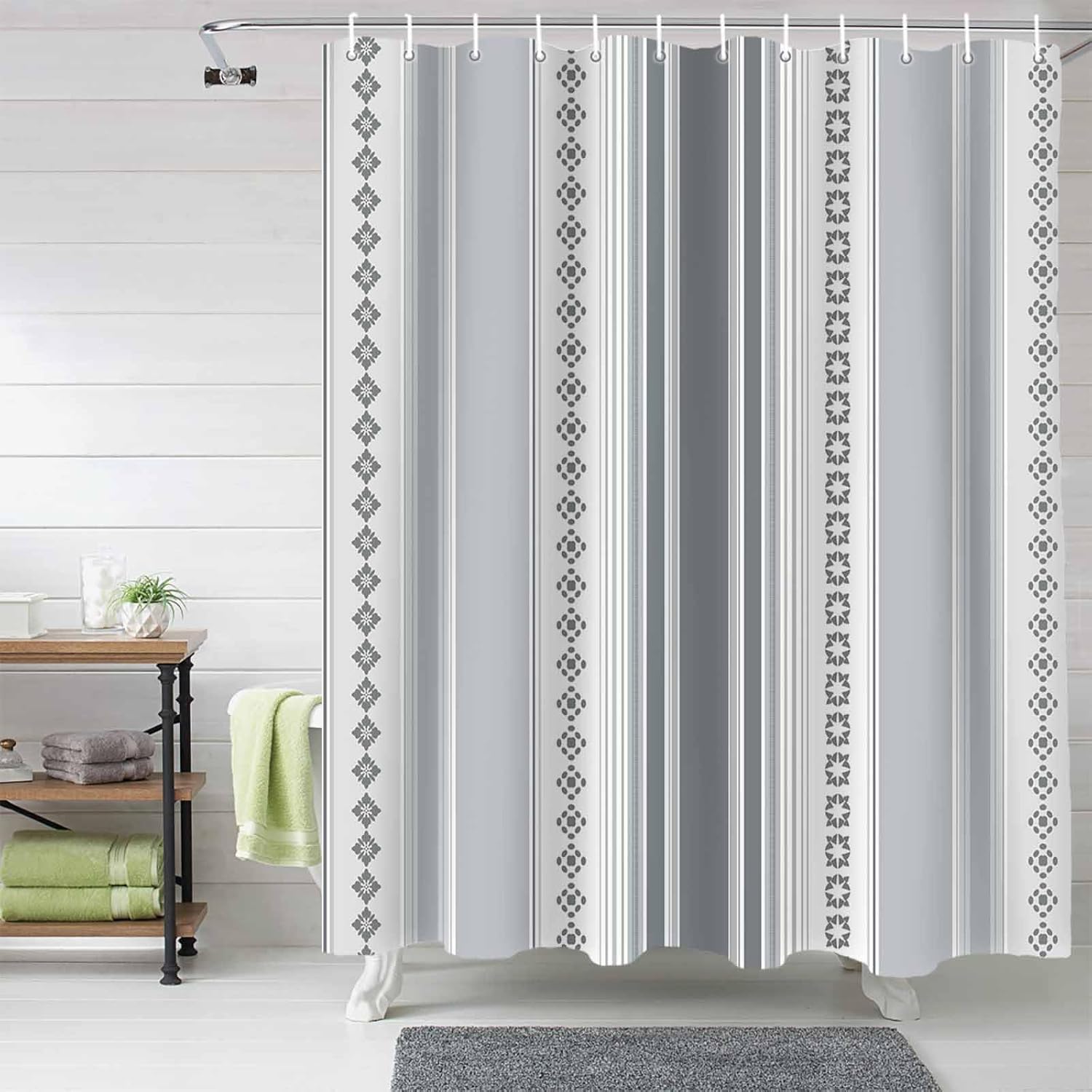 72 Inches Grey Gradient Floral Shower Curtain Set with 12 Hooks