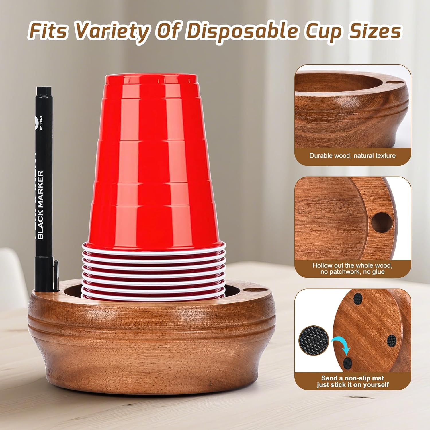 Wooden Cup Holder with Marker Slot - Walnut Design