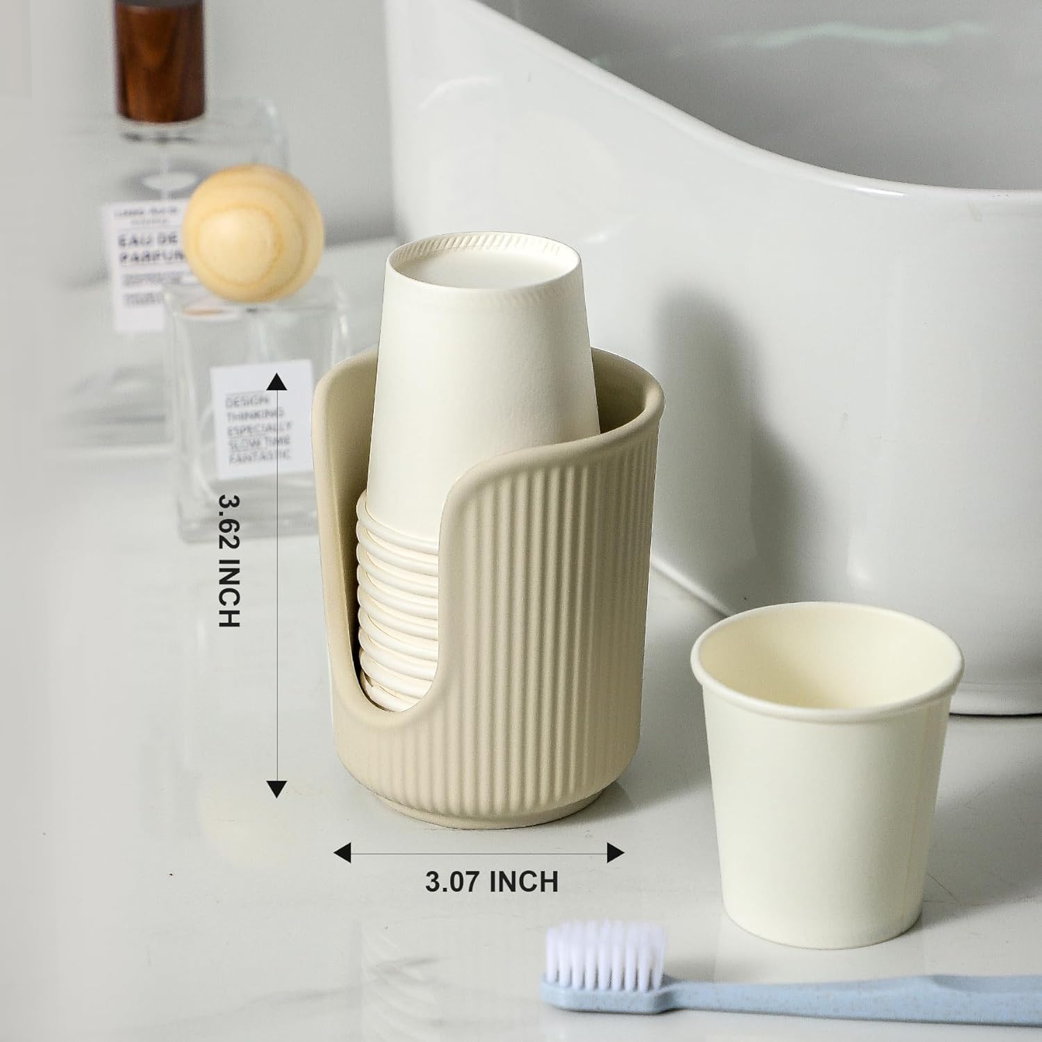 Dobbyby Ceramic Cup Dispenser with Vertical Stripes - Matte Cream