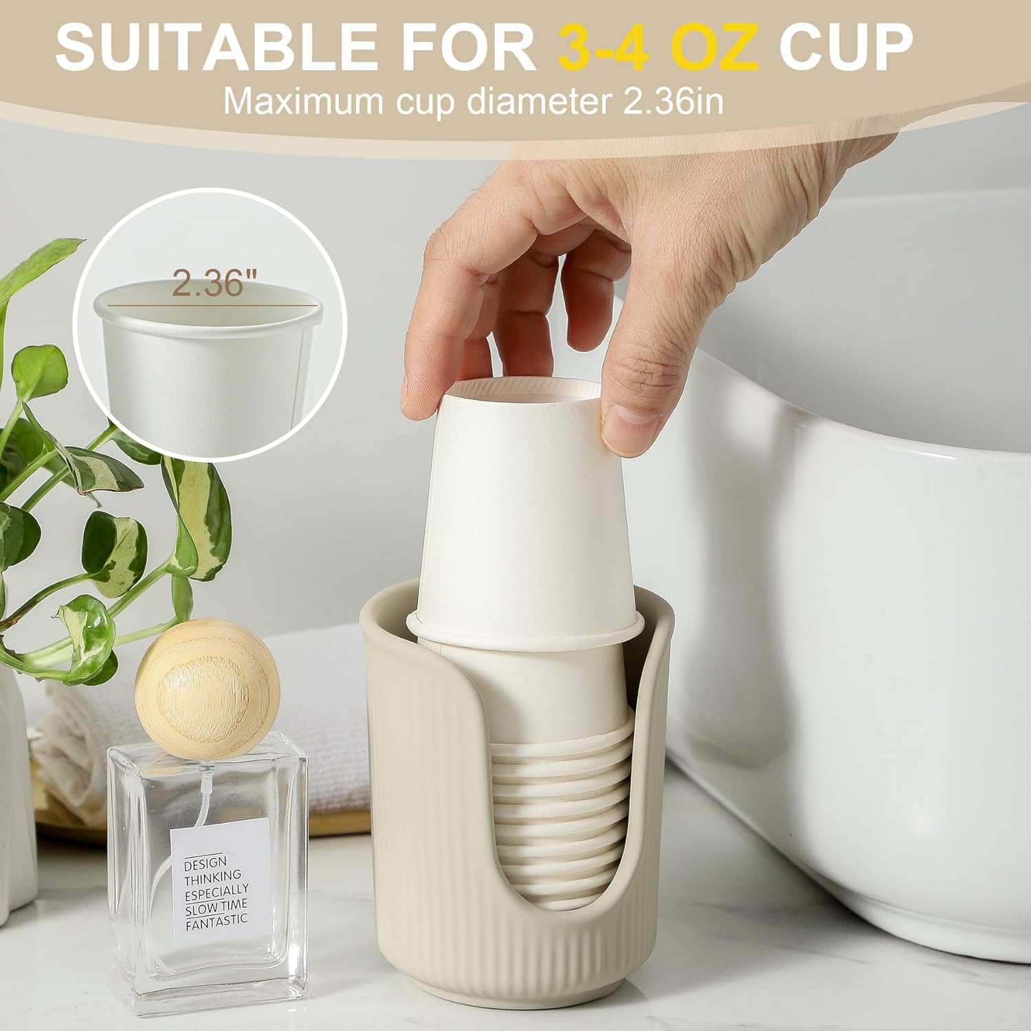 Dobbyby Ceramic Cup Dispenser with Vertical Stripes - Matte Cream