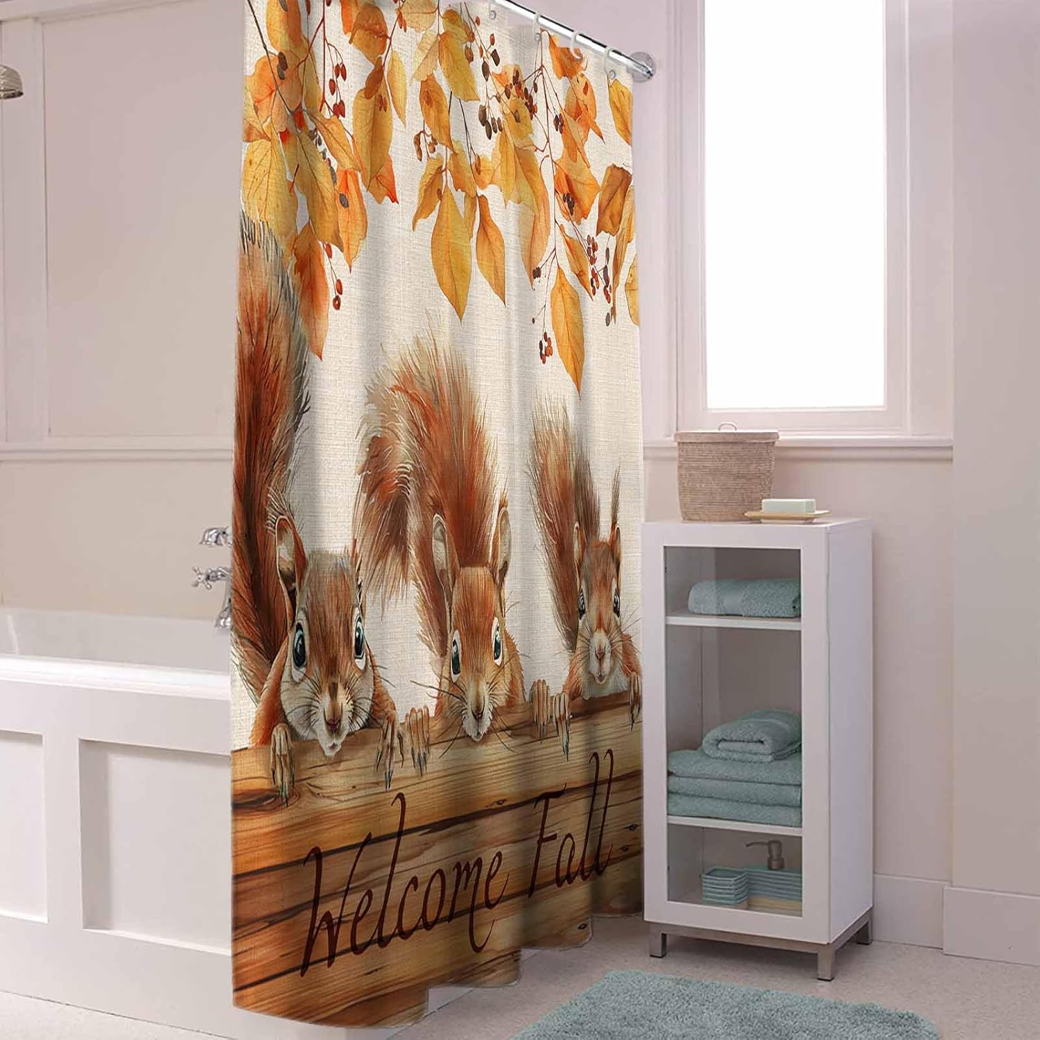 72 Inches Squirrels Fall Wood Ginkgo Shower Curtain Set with 12 Hooks