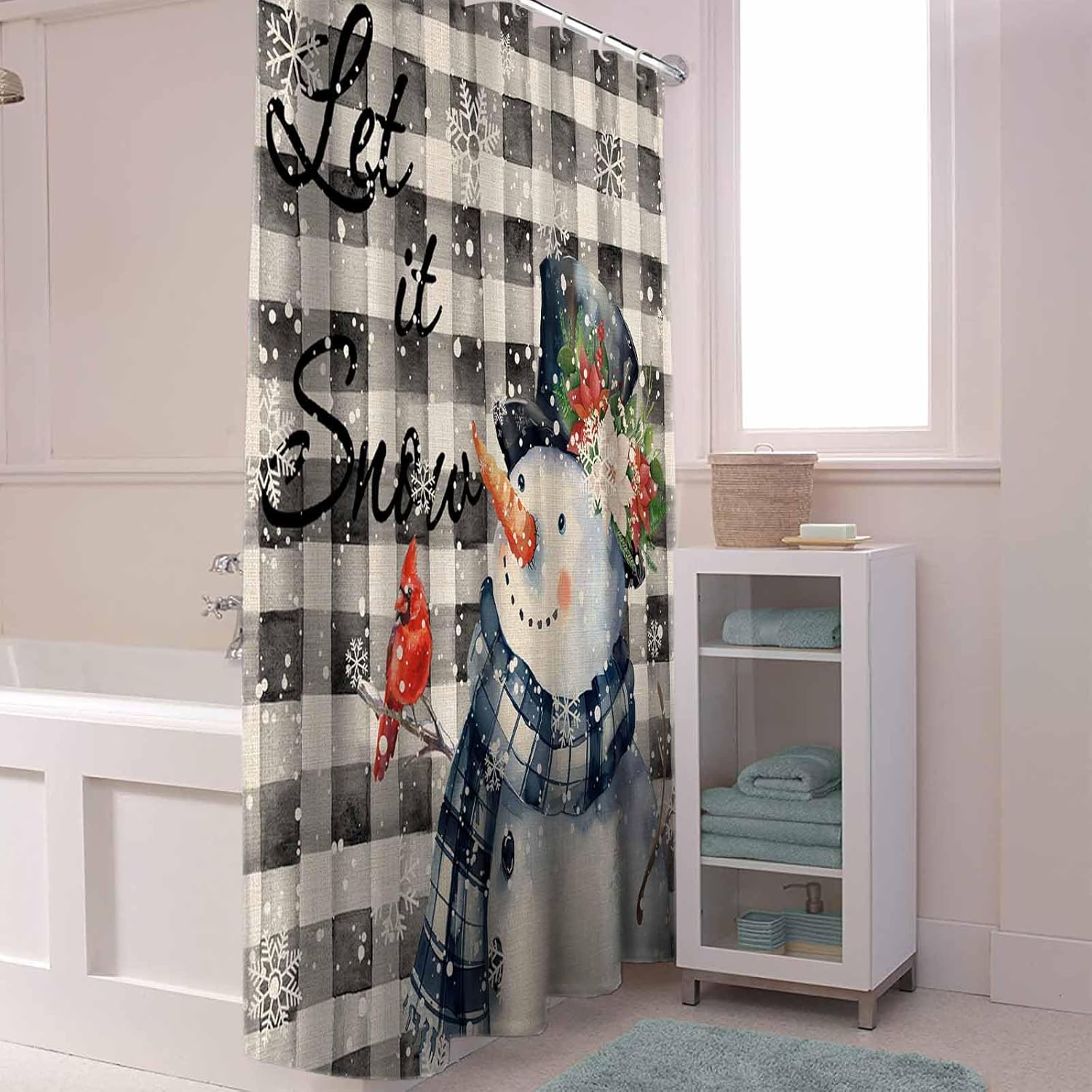 Funnywall88 72 Inches Retro Gray Plaid Snowman Shower Curtain Set