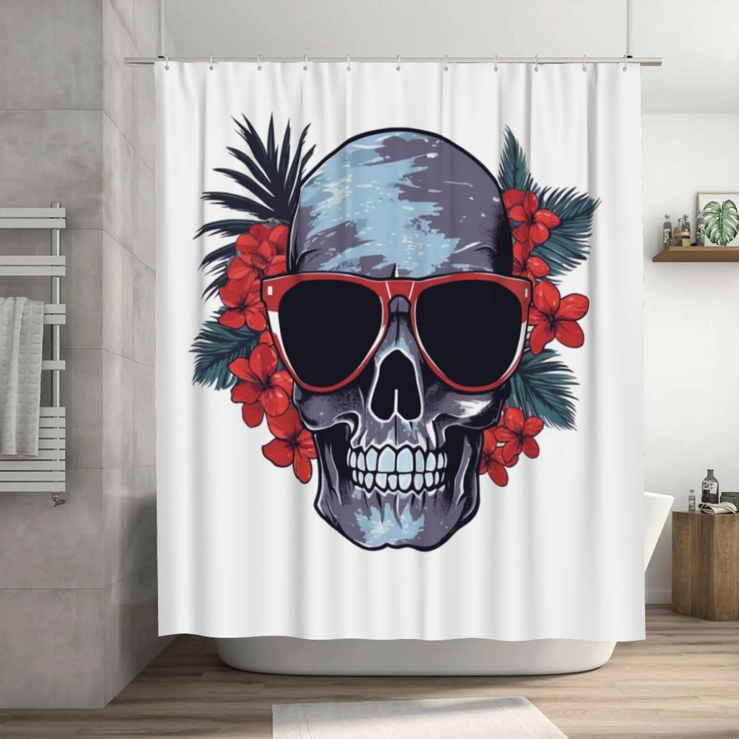 Red Skull Pattern Waterproof Shower Curtain Set with 12 Hooks