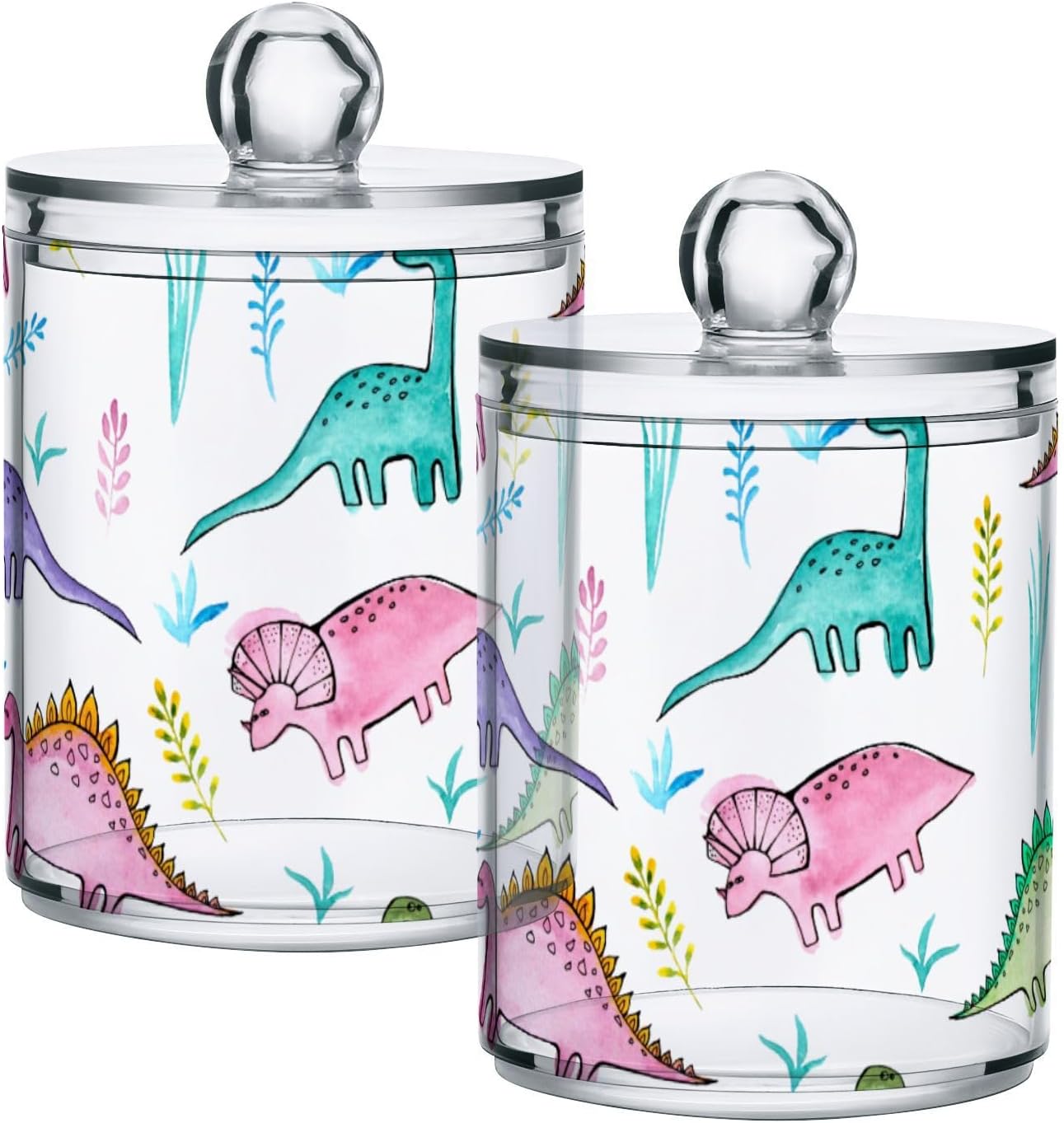 Funny Dinosaur Qtip Holder 2 Pack - 10 Oz Clear Plastic Apothecary Jar Set