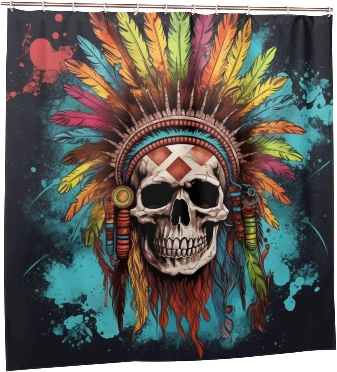 TIYAANDSY Blue Feather Skull Shower Curtain Set 72x72in