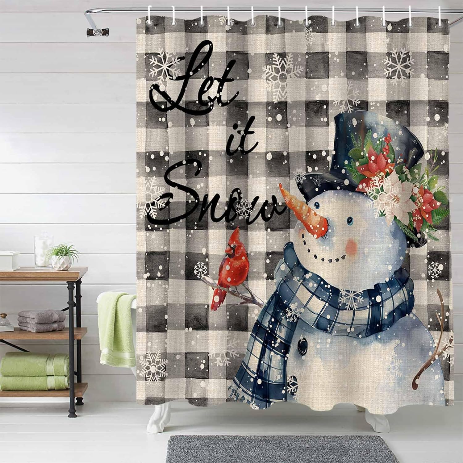 Funnywall88 72 Inches Retro Gray Plaid Snowman Shower Curtain Set