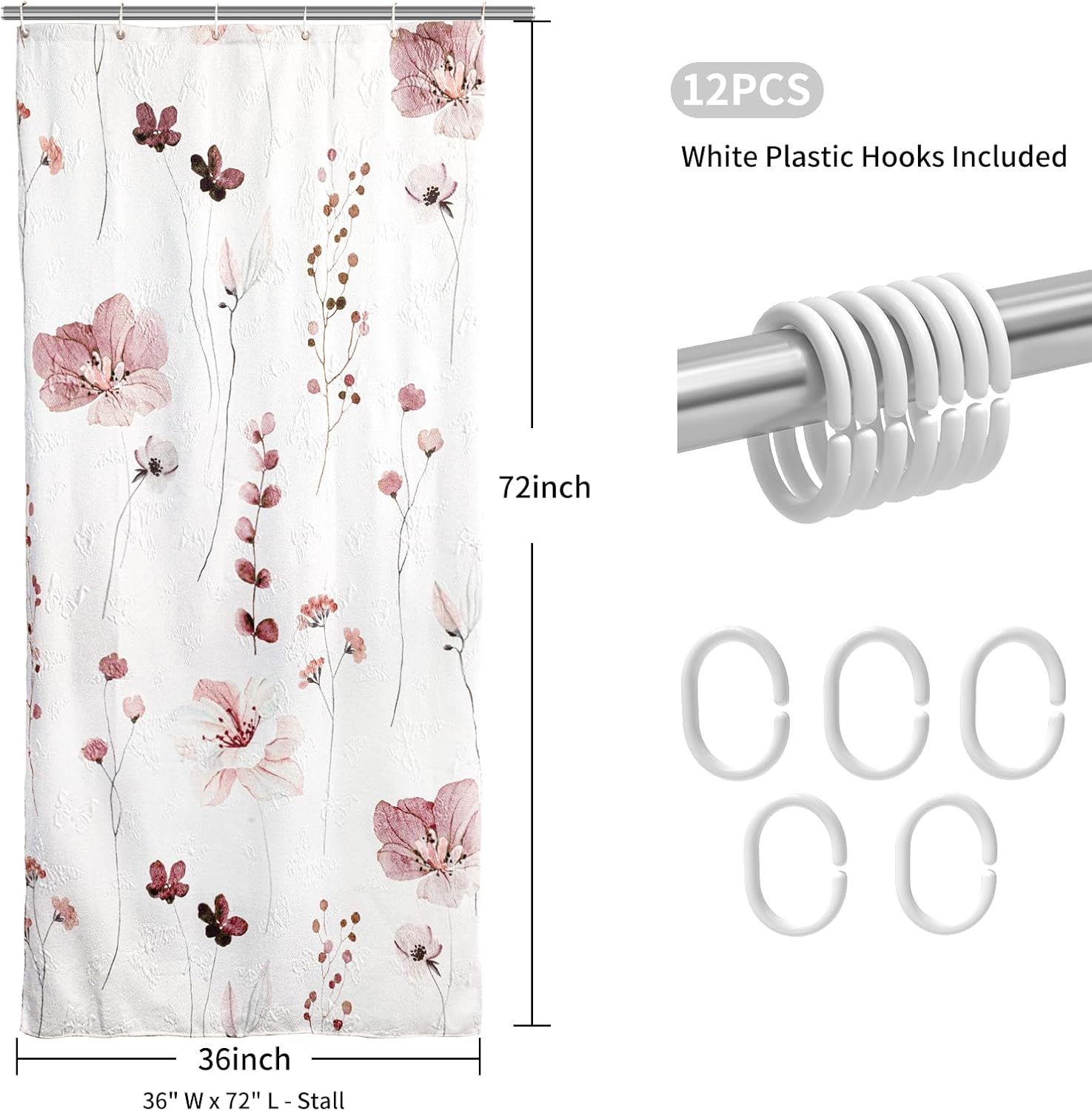 QiyI Embossed Floral Shower Curtain Set with Hooks