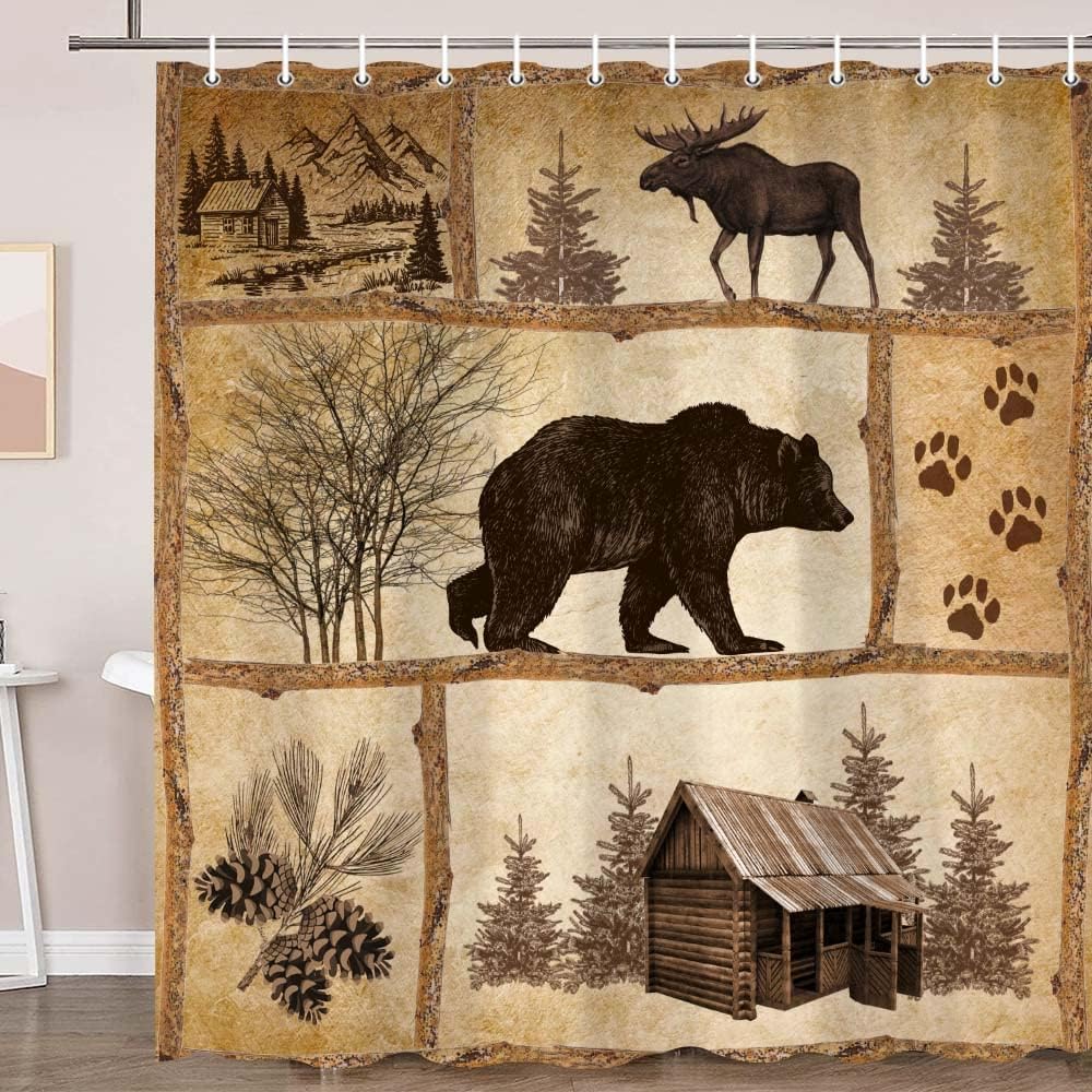 Rustic Cabin Shower Curtain Set with Hooks