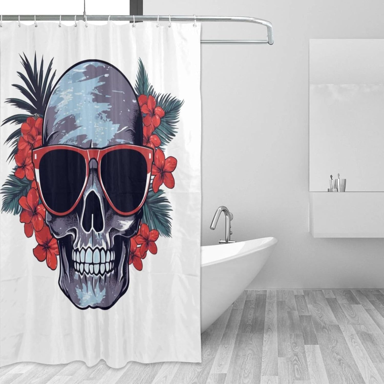 Red Skull Pattern Waterproof Shower Curtain Set with 12 Hooks