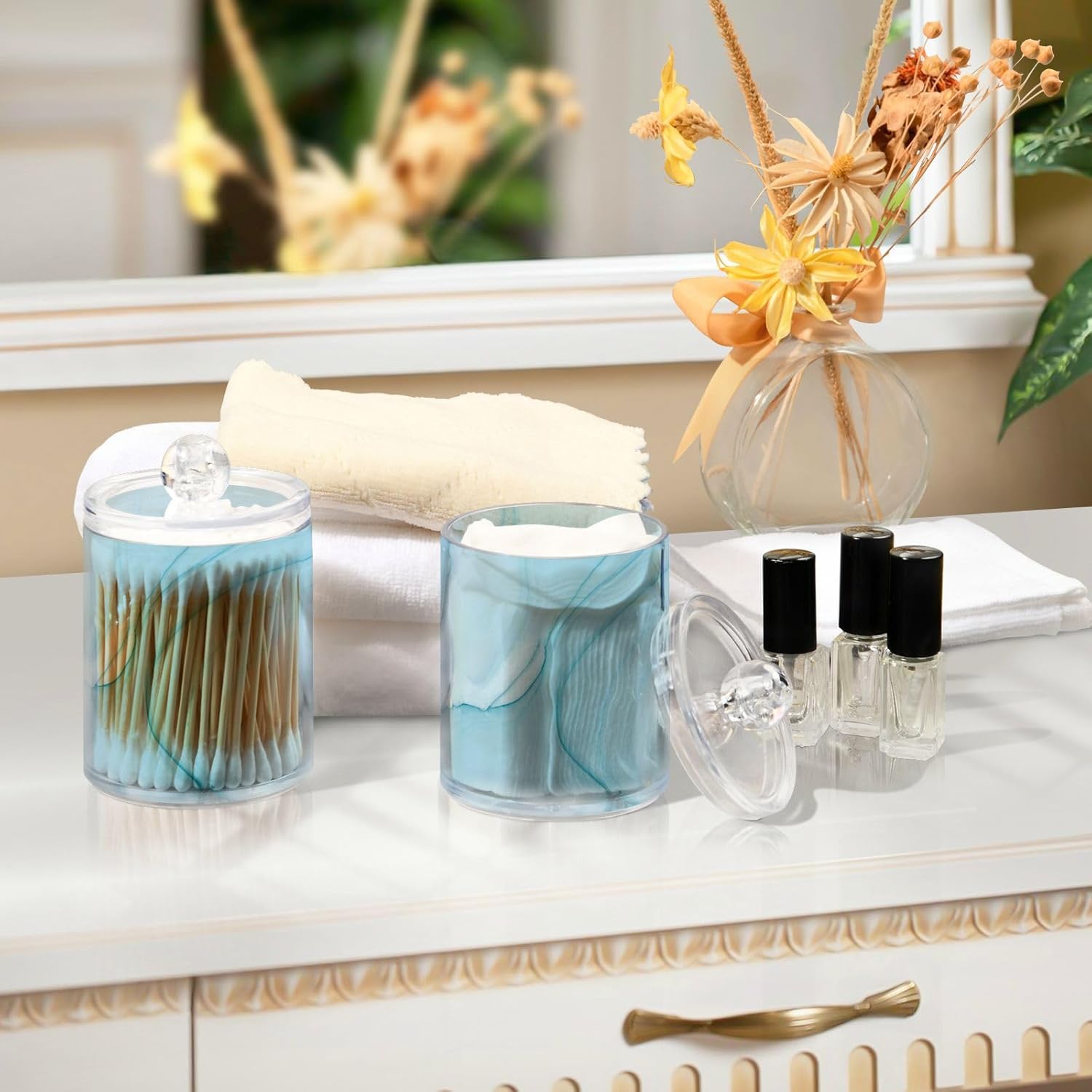 Blue Wave Marble Qtip Holder Dispenser with Lids 4PCS Set
