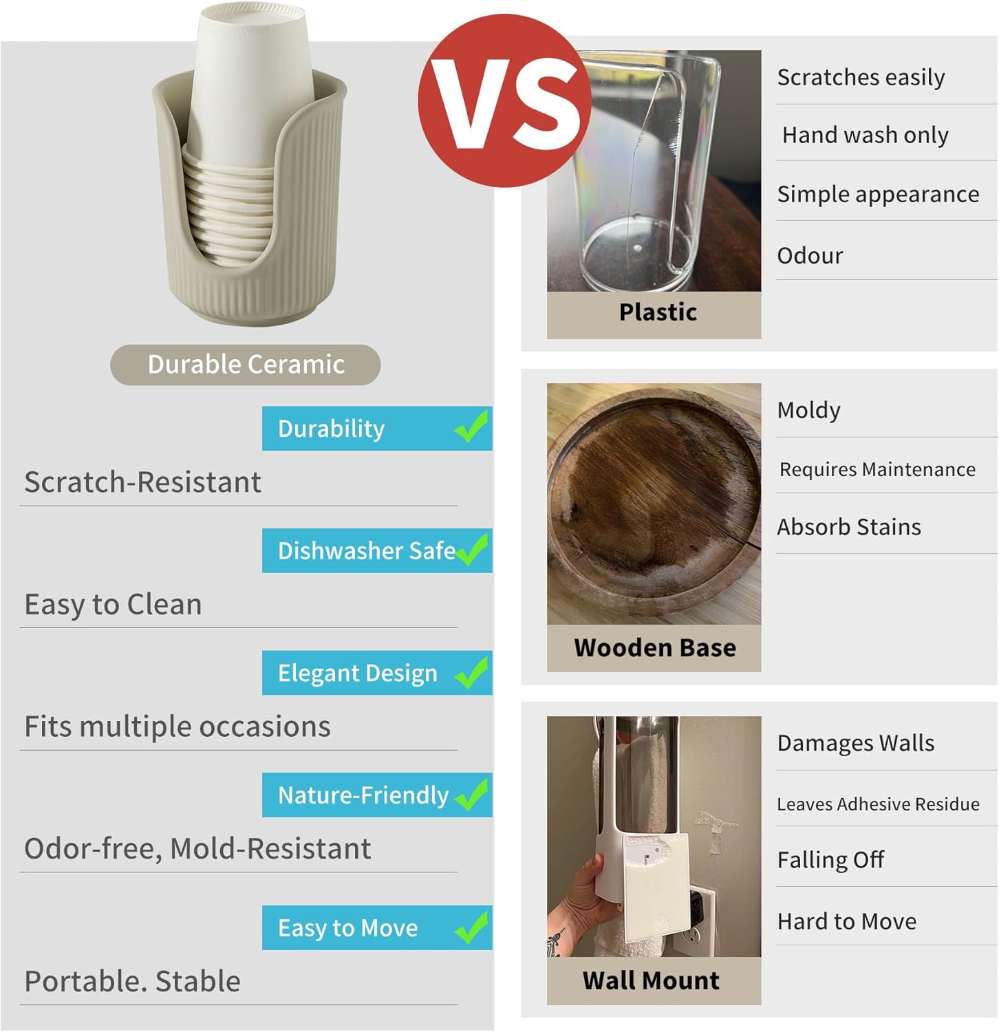 Dobbyby Ceramic Cup Dispenser with Vertical Stripes - Matte Cream
