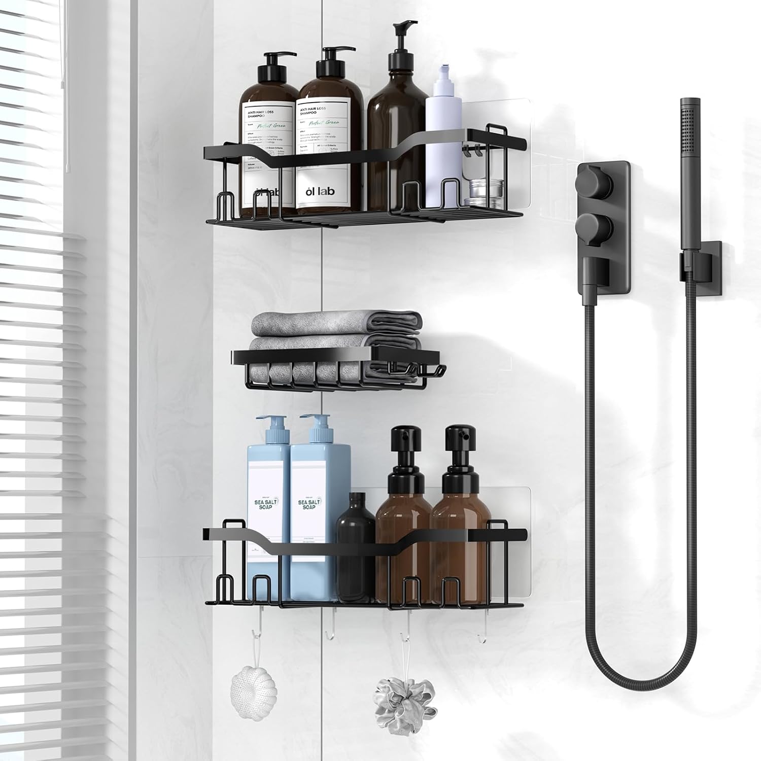 3 Pack Adhesive Shower Caddy Set with 8 Hooks and Soap Holder