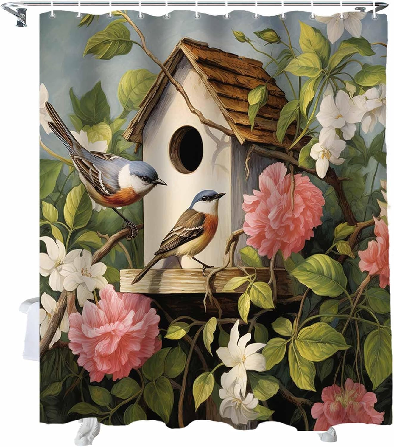 72 Inch Spring Floral Bird Shower Curtain Set with 12 Hooks