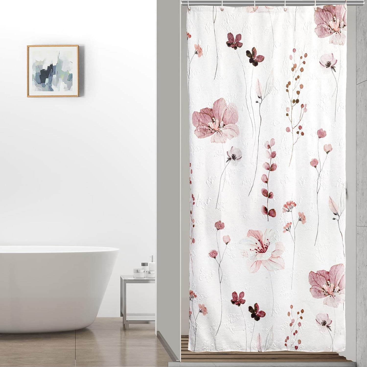 QiyI Embossed Floral Shower Curtain Set with Hooks