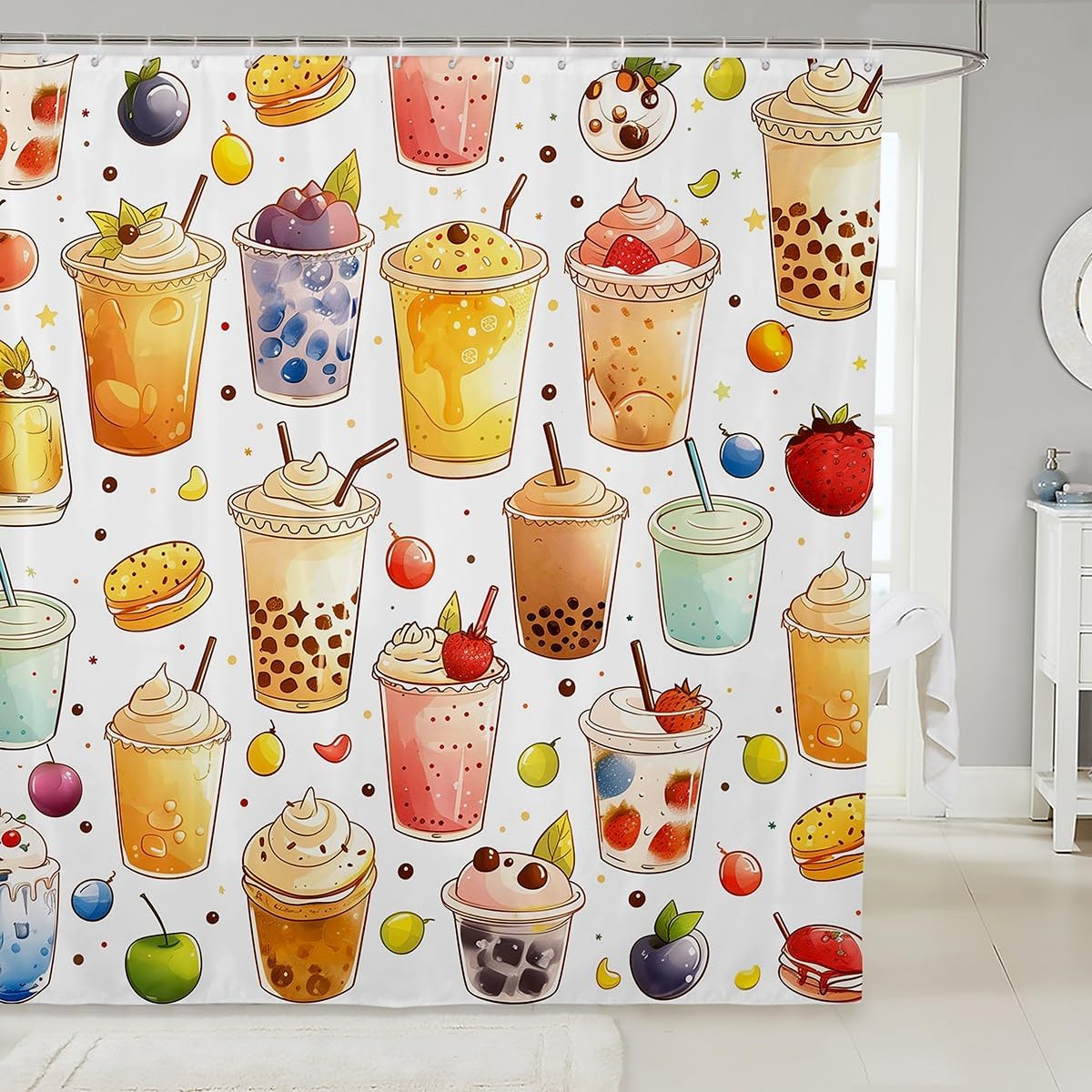 Erosebridal Cute Boba Tea Shower Curtain Set