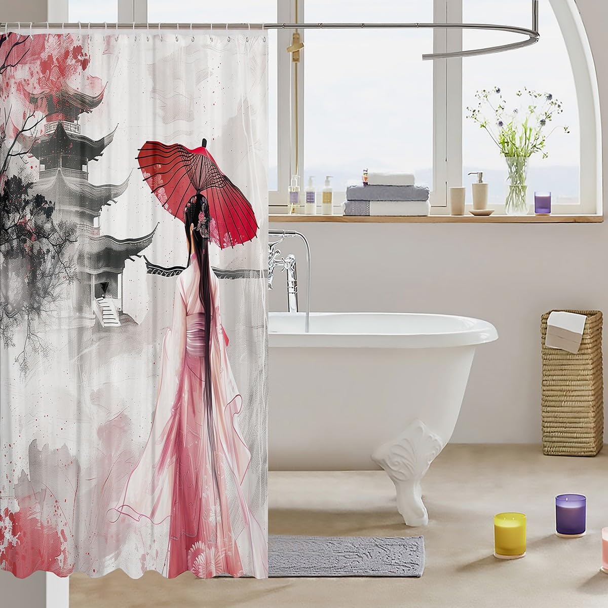 Erosebridal Asian Style Shower Curtain Set with Hooks