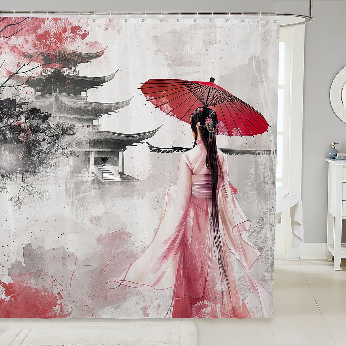 Erosebridal Asian Style Shower Curtain Set with Hooks