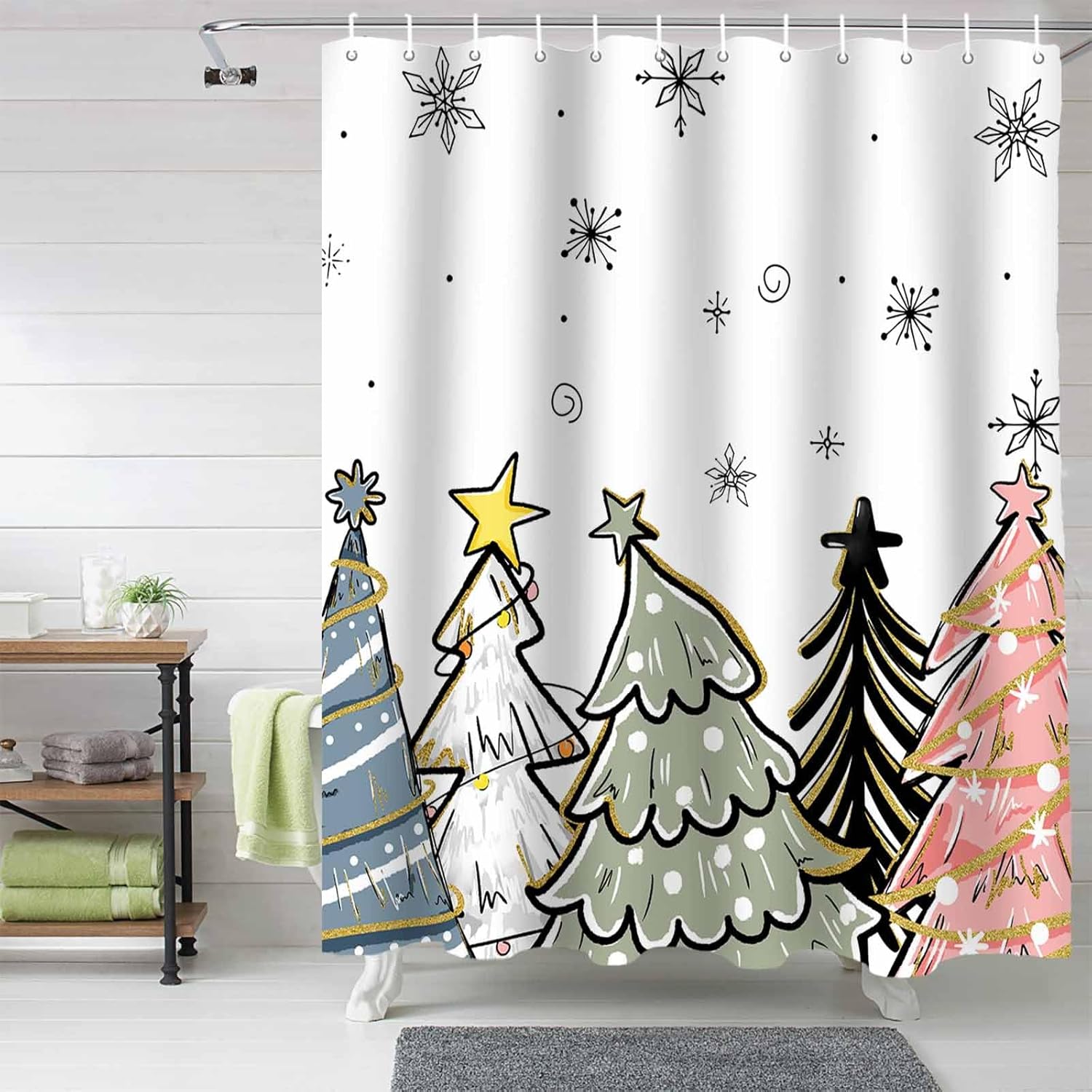 72 Sage Green Pine Tree Shower Curtain Set with 12 Hooks
