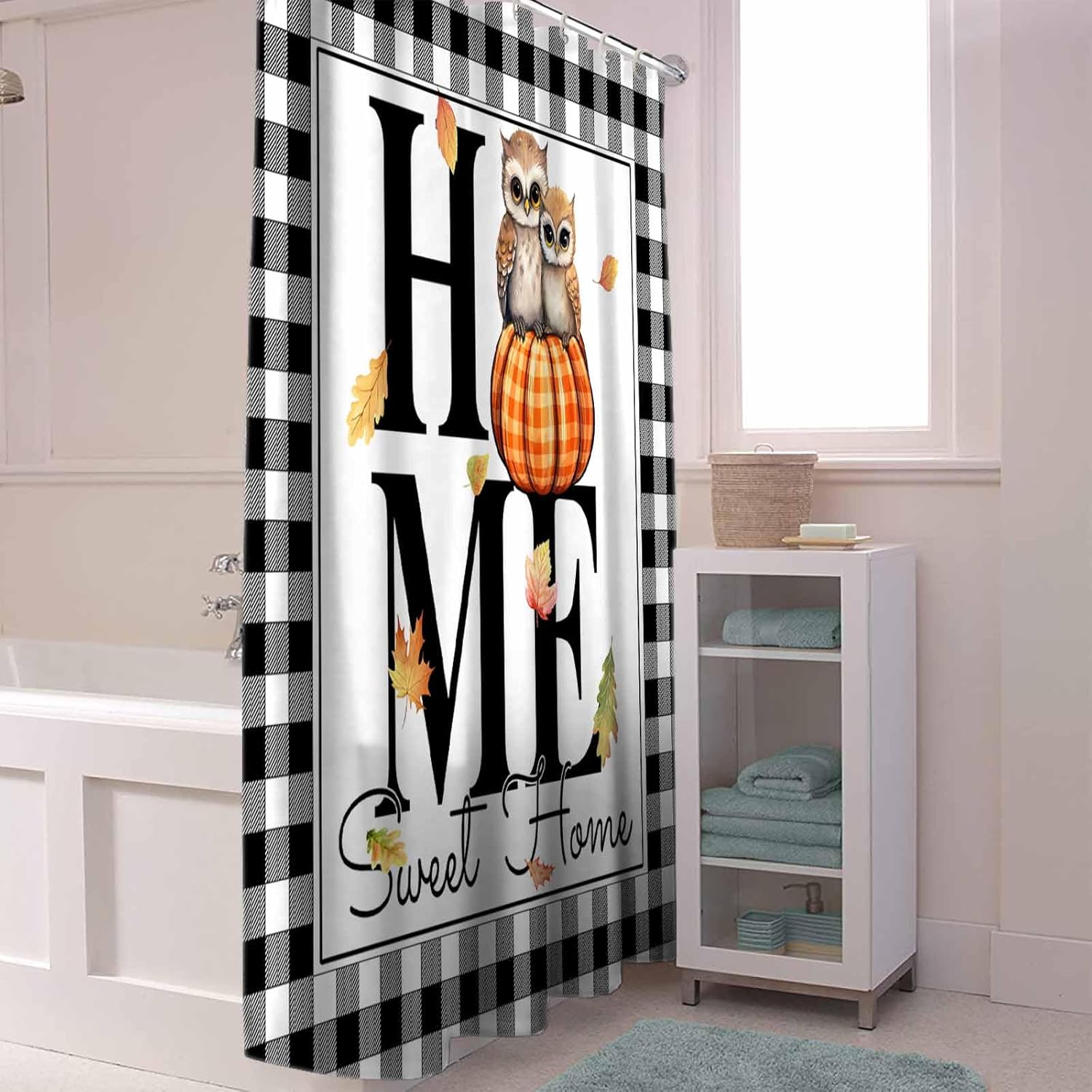 72 Inches Plaid Owl Shower Curtain Set with 12 Hooks