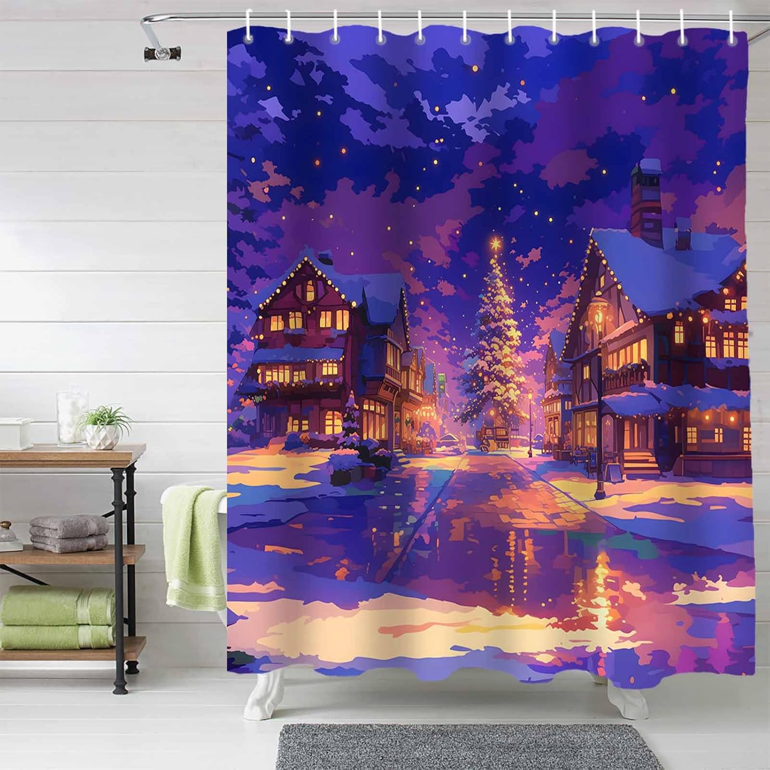 72 Inch Cartoon Purple Christmas Shower Curtain Set with 12 Hooks