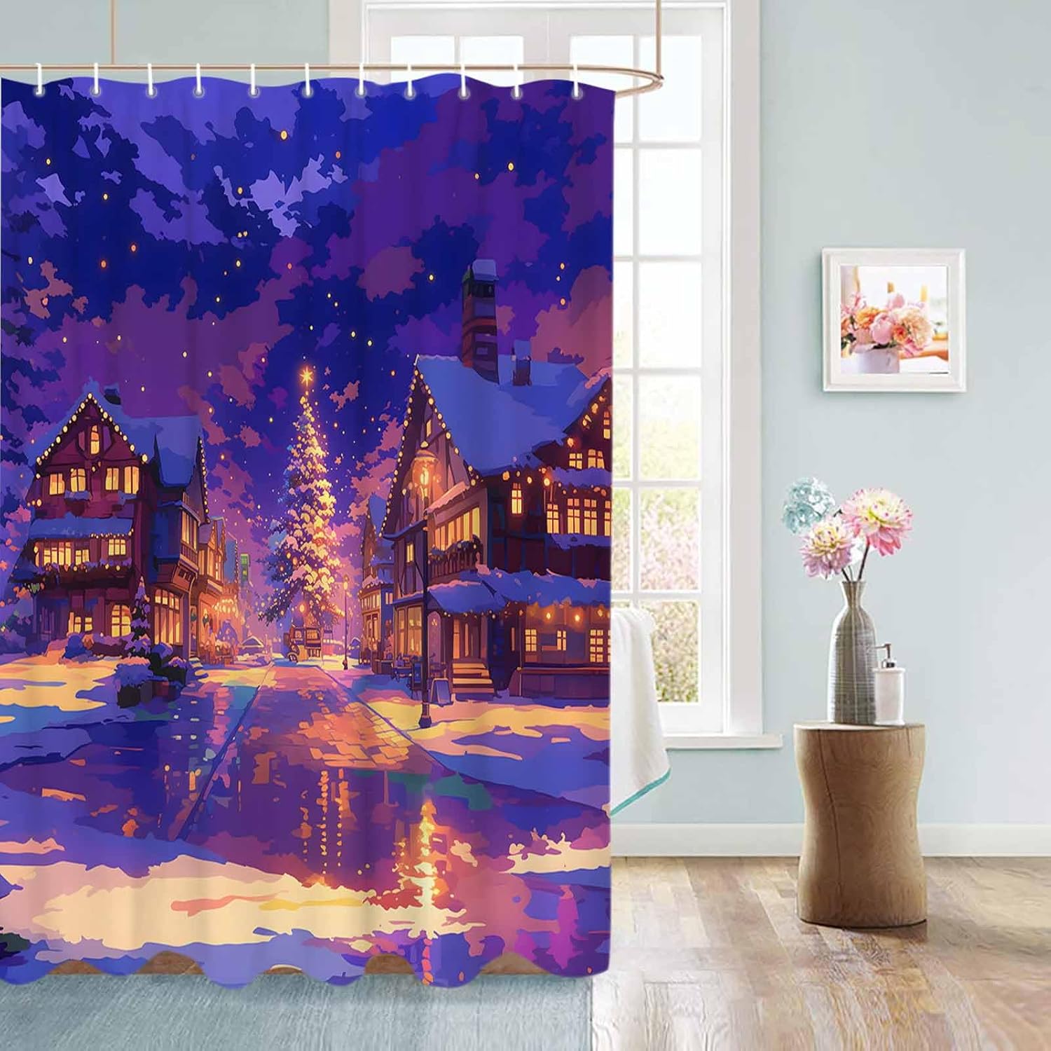 72 Inch Cartoon Purple Christmas Shower Curtain Set with 12 Hooks