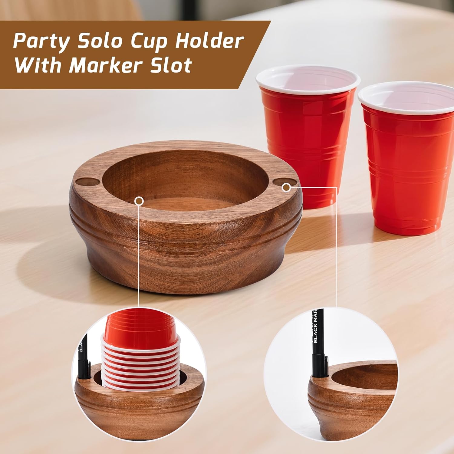 Wooden Cup Holder with Marker Slot - Walnut Design