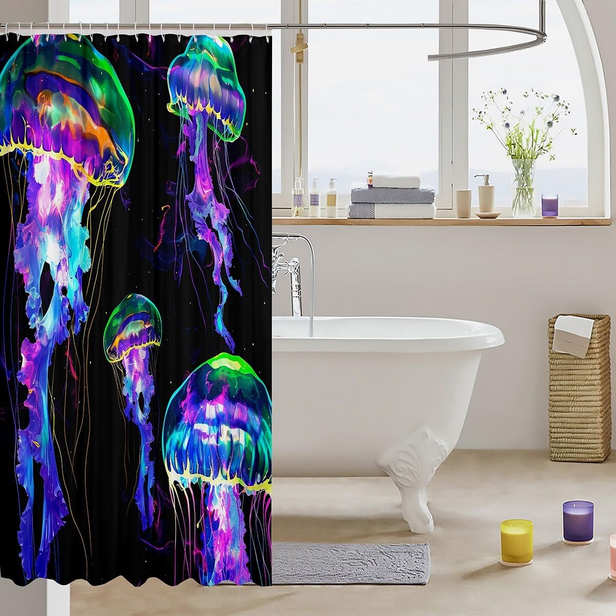 Watercolor Jellyfish Shower Curtain Set for Kids