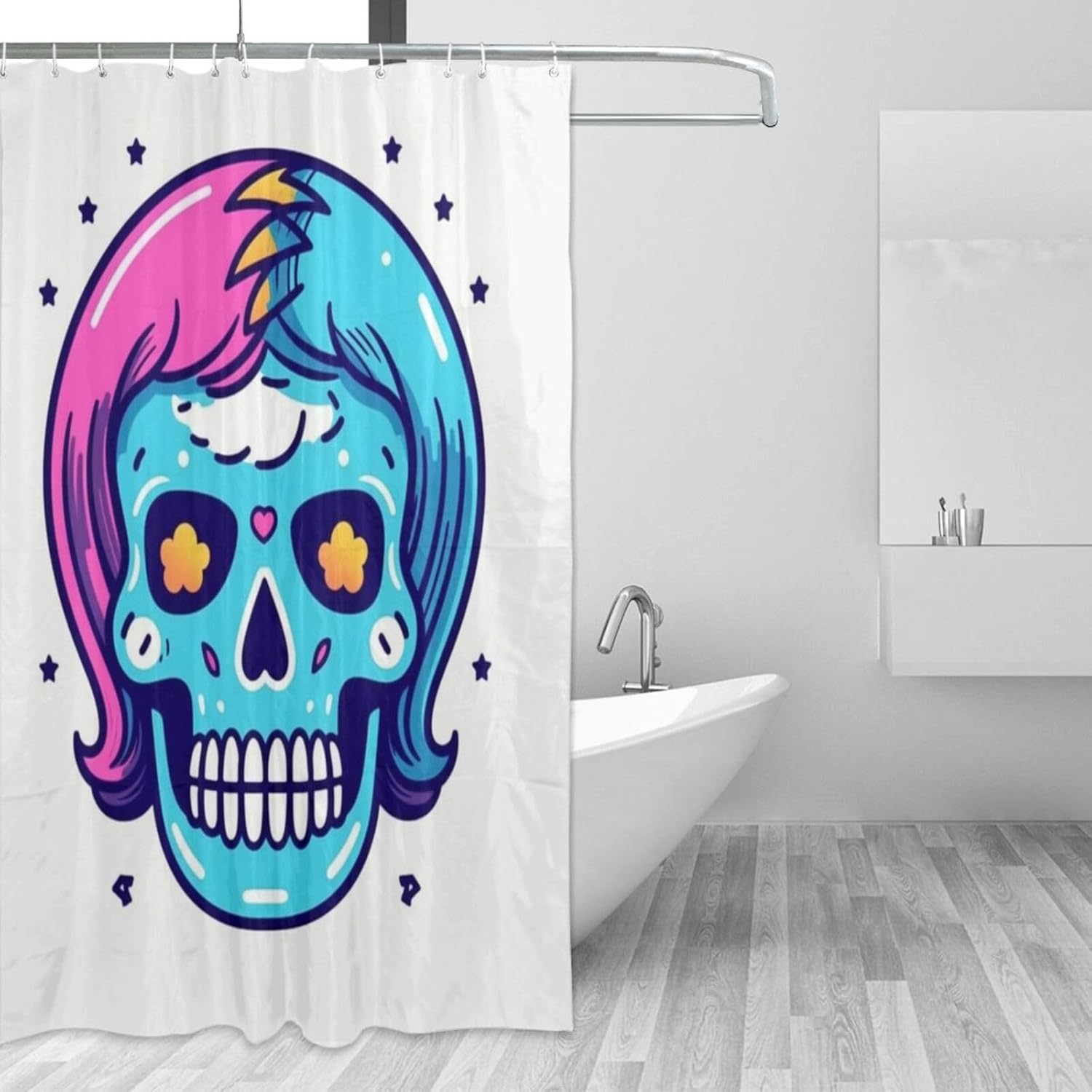 Red Blue Skull Shower Curtain Set with 12 Hooks 72x72in