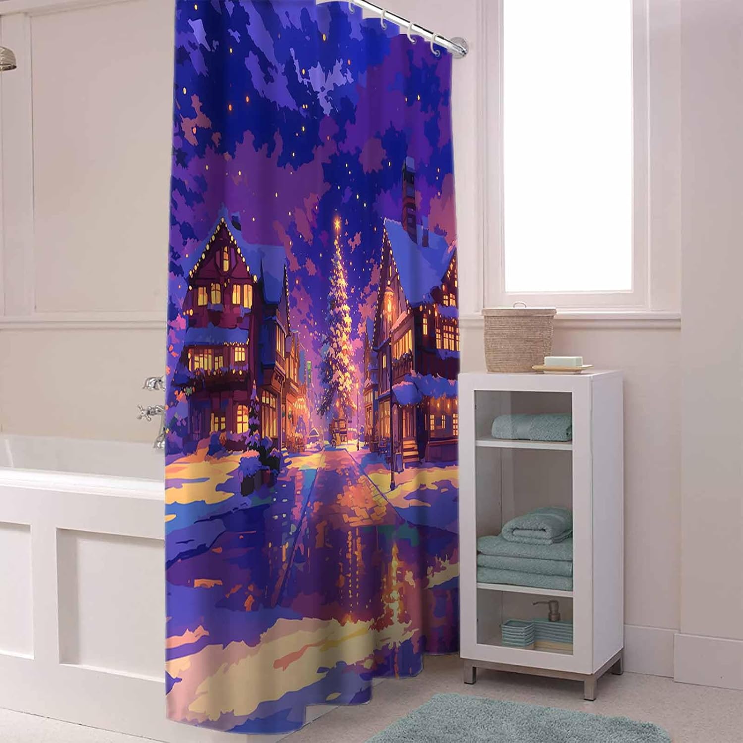 72 Inch Cartoon Purple Christmas Shower Curtain Set with 12 Hooks